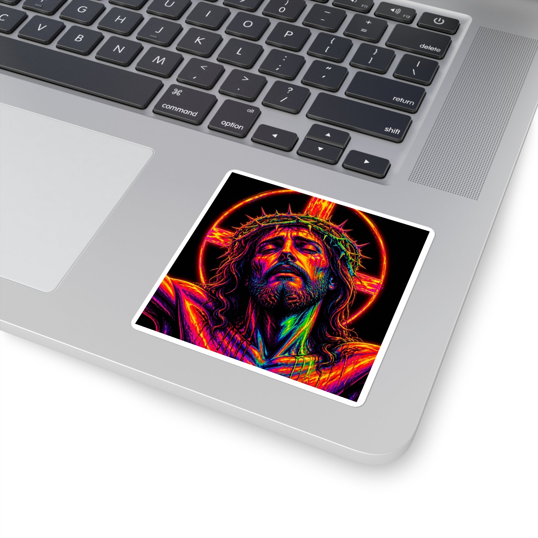 Neon Jesus Square Sticker — Vibrant Crucifixion Art Sticker