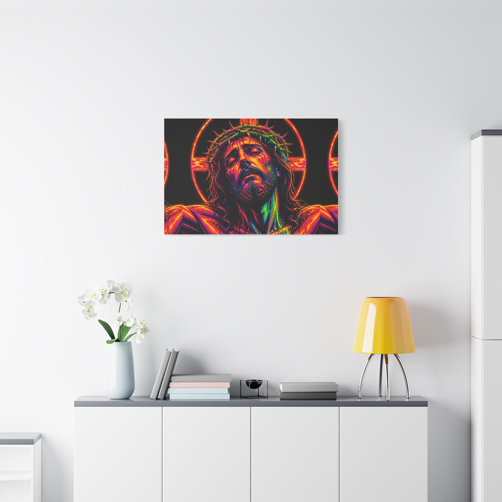 Neon Christ Crucifix Canvas Print — Vibrant Religious Wall Art