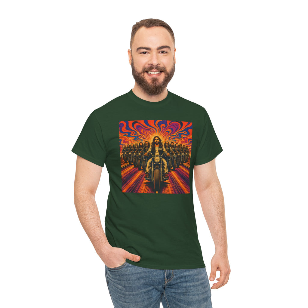 Psychedelic Yashua/Jesus Biker Crew T-Shirt — Retro Jesus Motorcycle Rider Graphic Tee