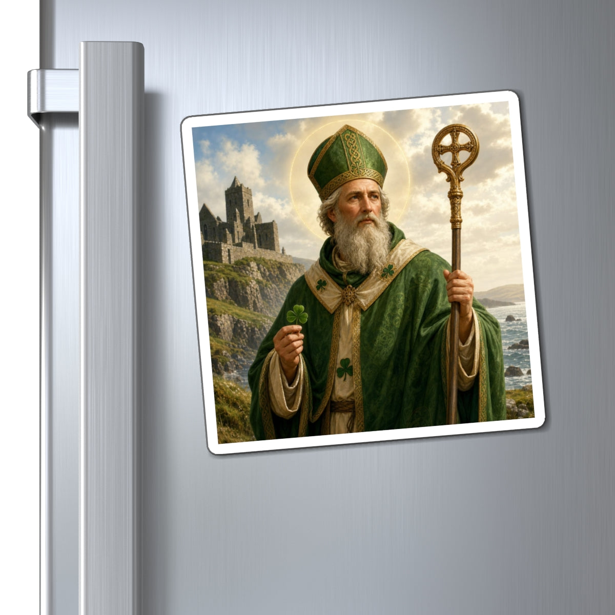 Saint Patrick Magnet — Irish Catholic Saint Fridge Magnet, Shamrock & Celtic Cross Decor