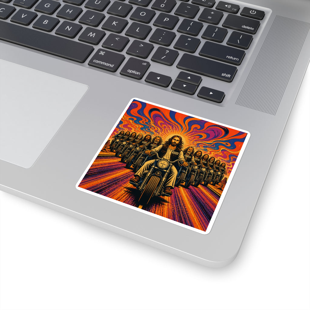 Psychedelic Biker Jesus Square Sticker — Retro Motorcycle Faith Art