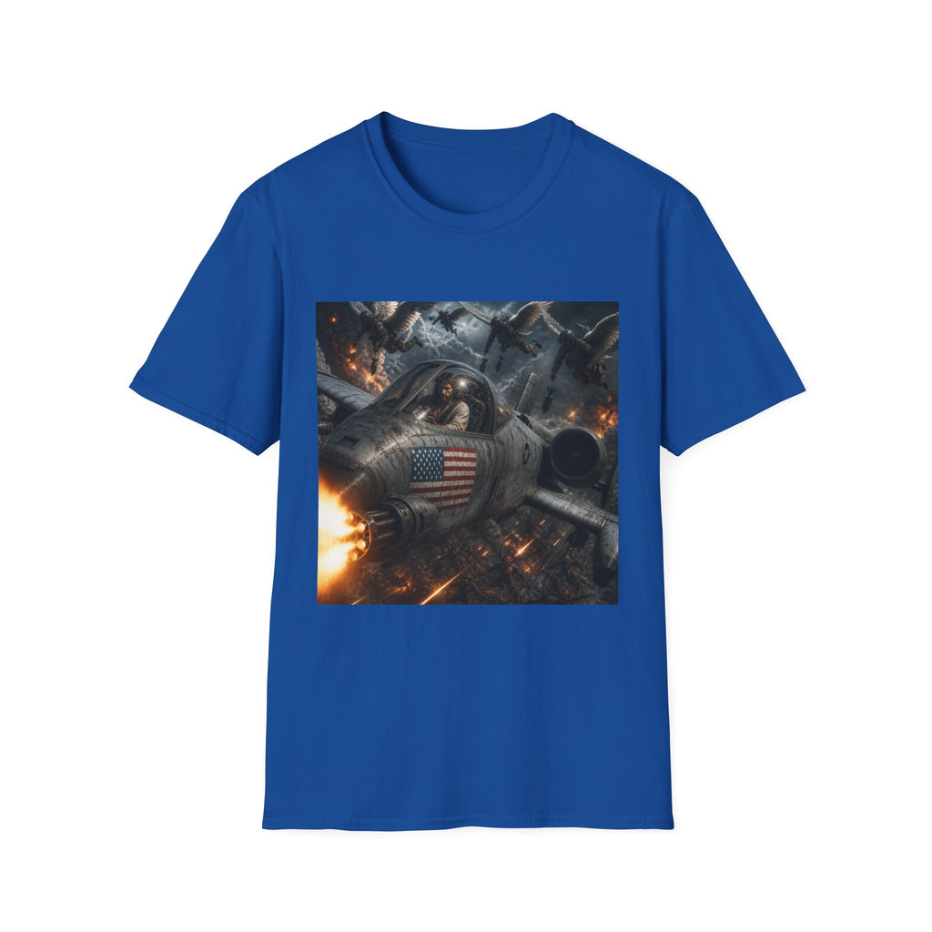 Jesus Military Pilot T‑Shirt — Vintage Jetfighter Scene with American Flag