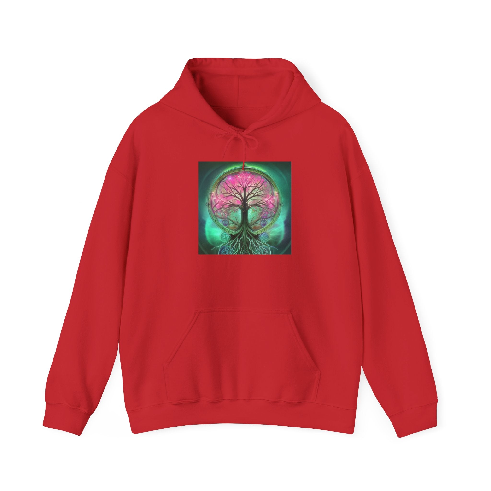 Tree of Life Hoodie — Vibrant Pink & Teal Spiritual Graphic Hooded Sweatshirt