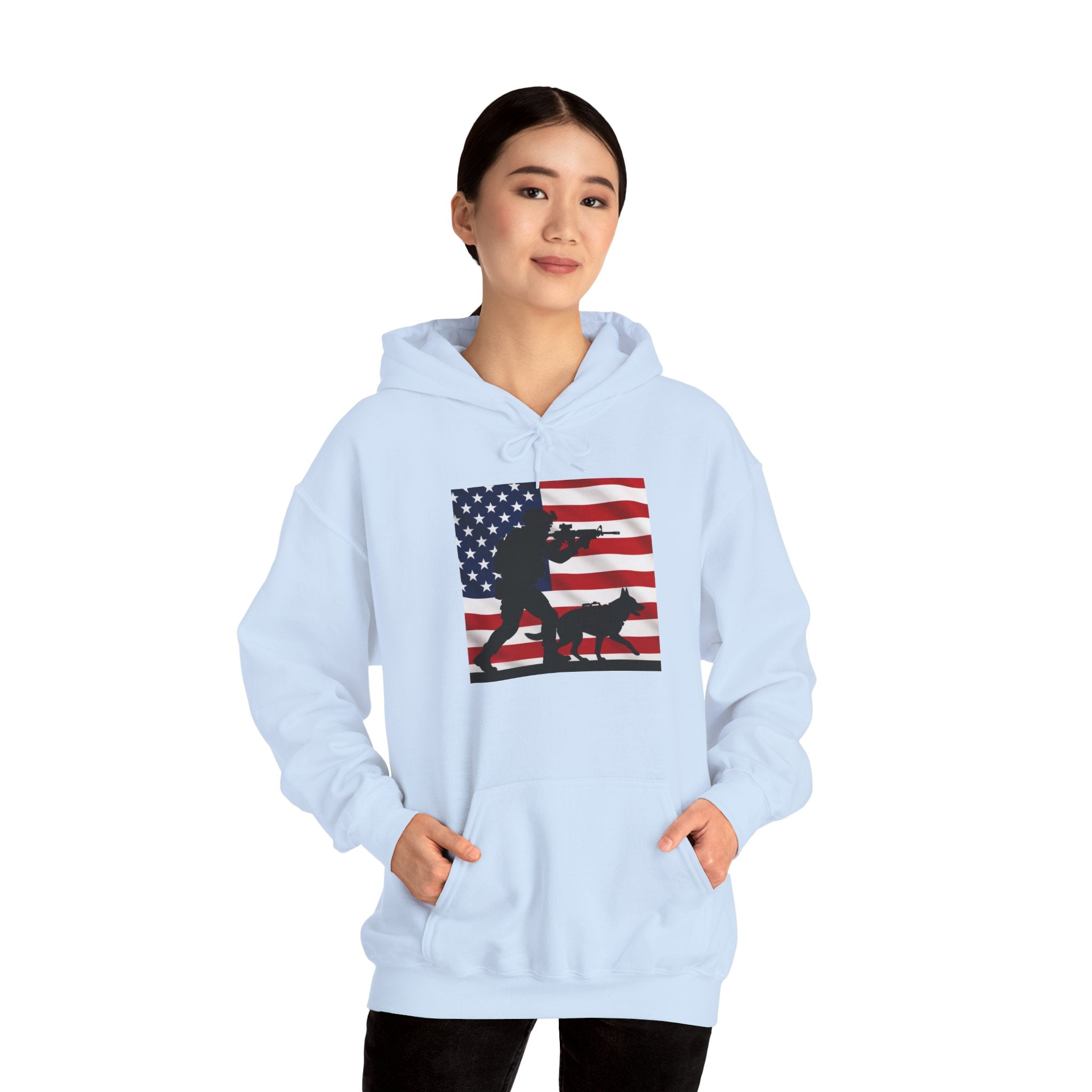 American K9 Handler Hoodie — US Flag Dog Silhouette Patriotic Sweatshirt