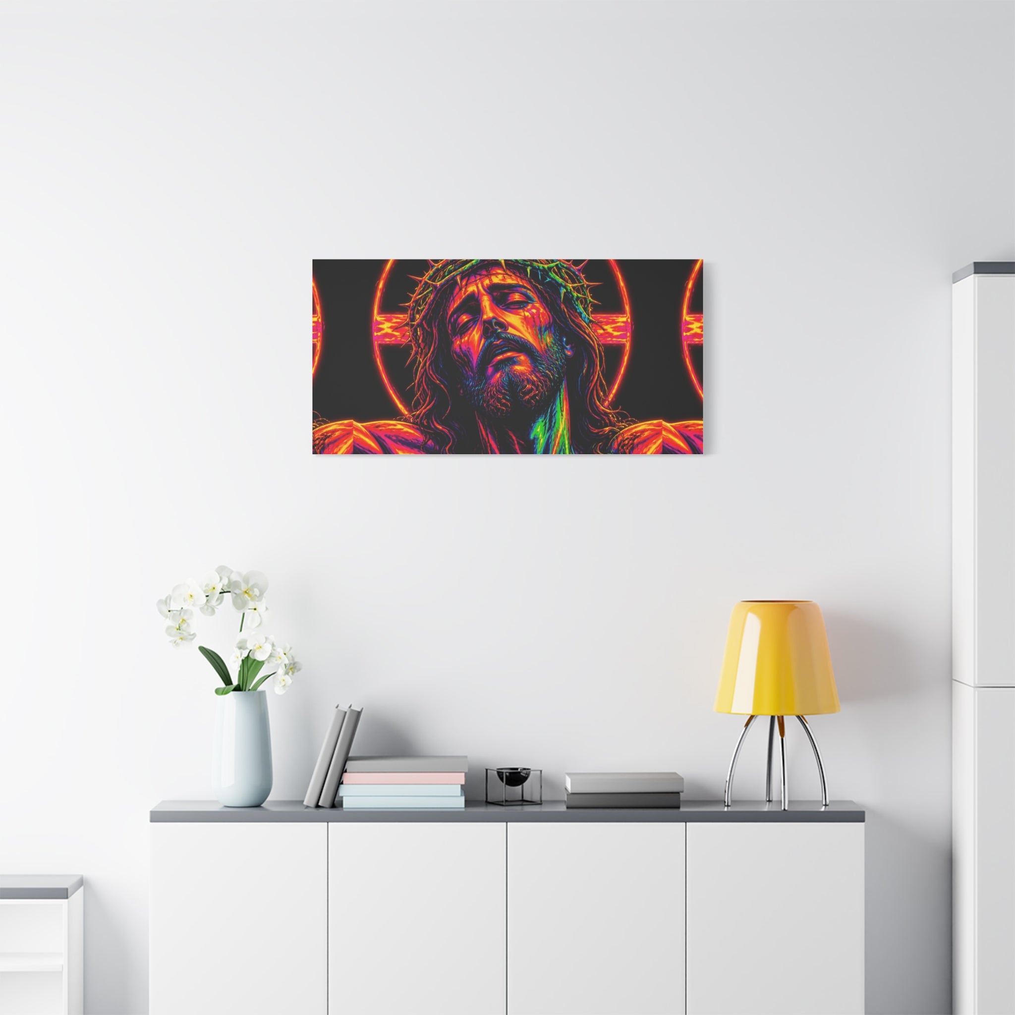 Neon Christ Crucifix Canvas Print — Vibrant Religious Wall Art