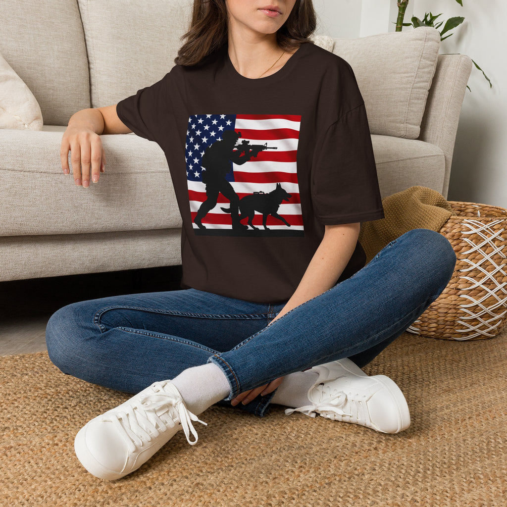 Patriotic K9 Handler T-Shirt — American Flag Soldier with Dog Graphic