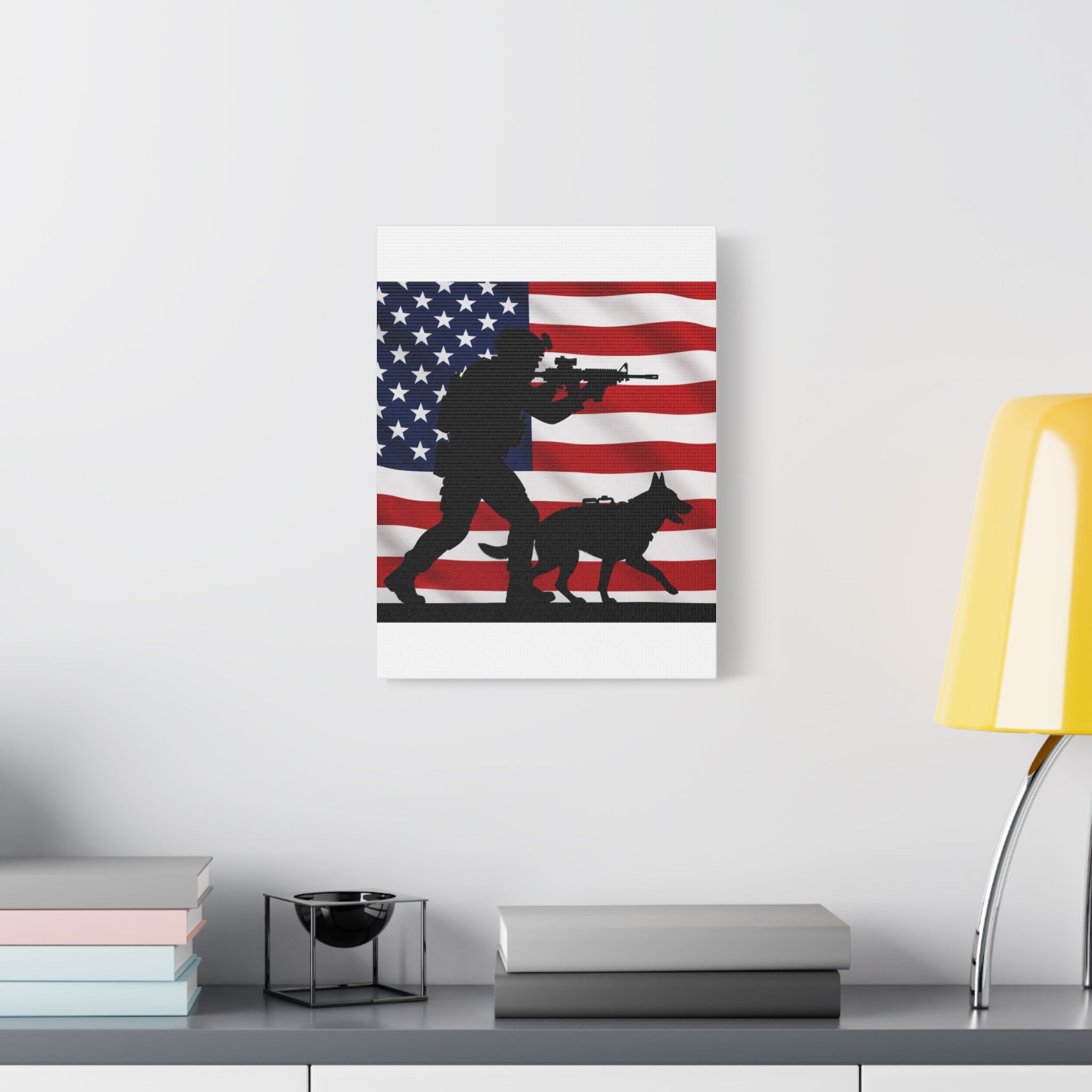Patriotic Military K9 Canvas Wall Art — Soldier and Dog Silhouette with American Flag
