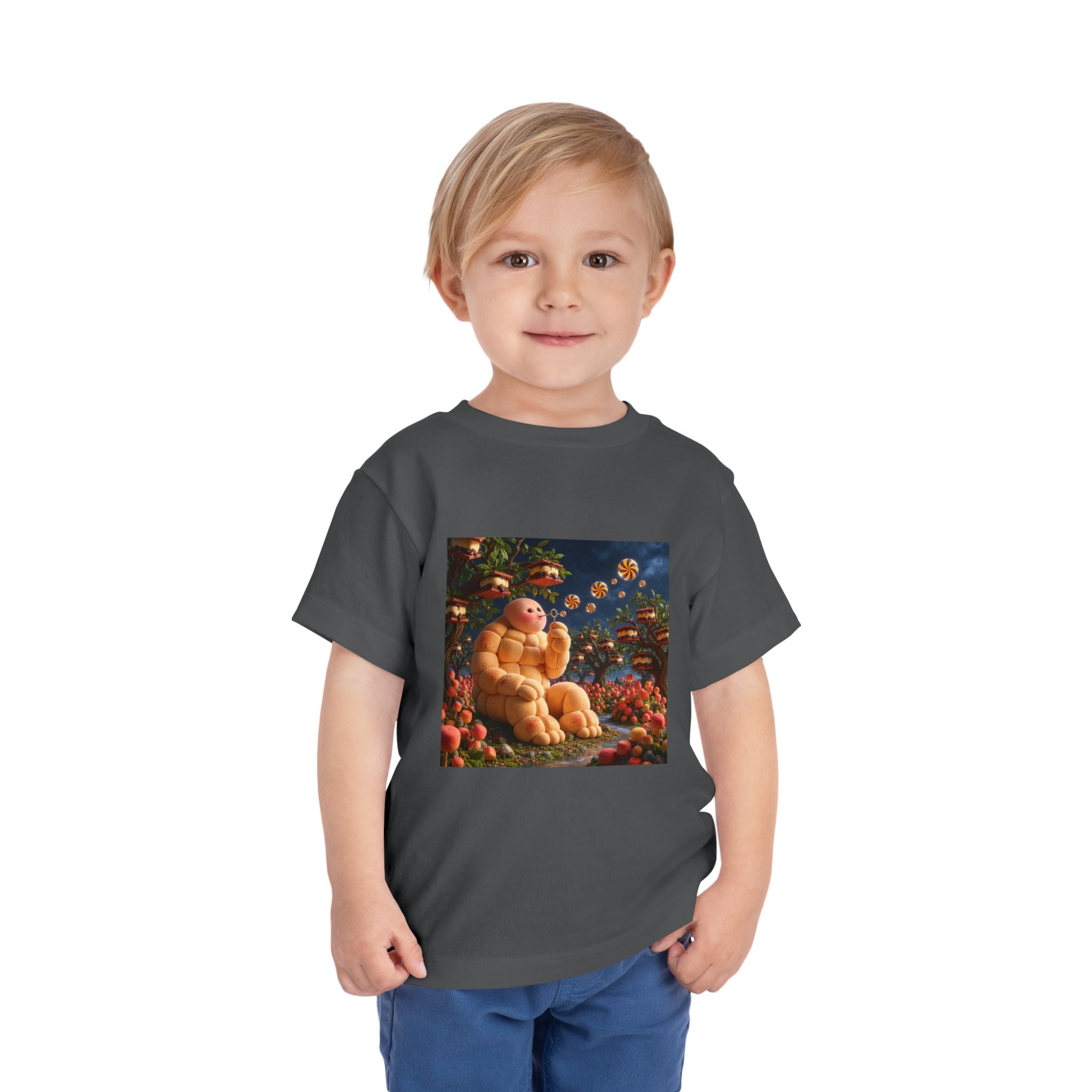 Toddler Tee — Cute Chubby Creature in Flower Garden Kids Shirt-Marshmallow Man