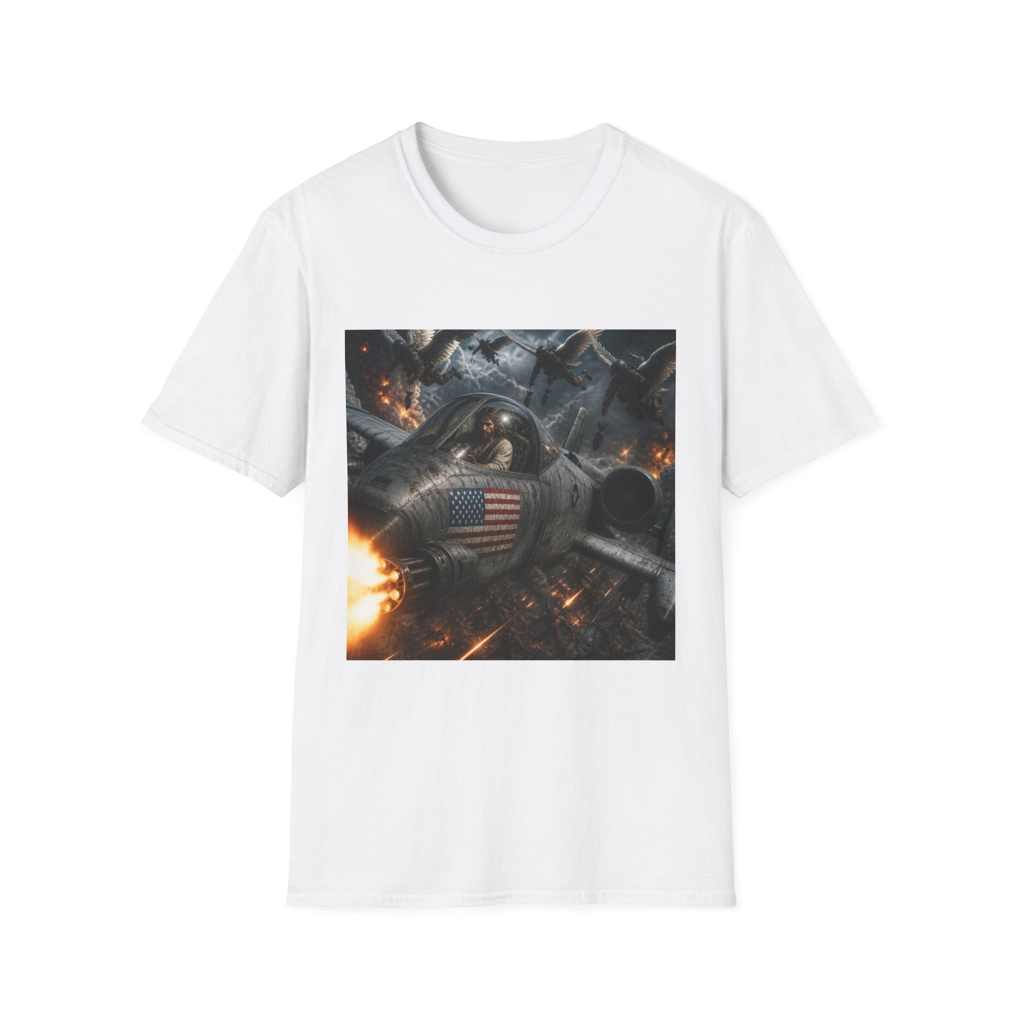 Jesus Military Pilot T‑Shirt — Vintage Jetfighter Scene with American Flag