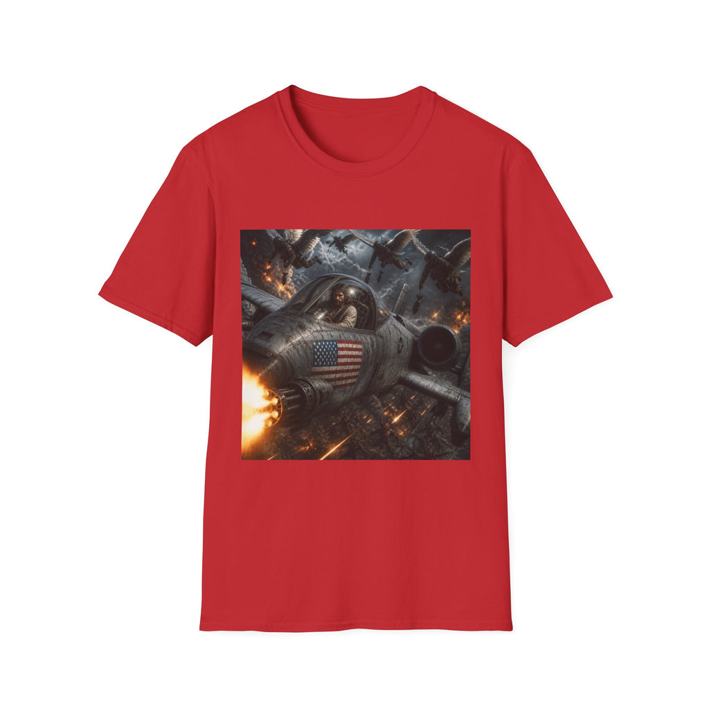 Jesus Military Pilot T‑Shirt — Vintage Jetfighter Scene with American Flag
