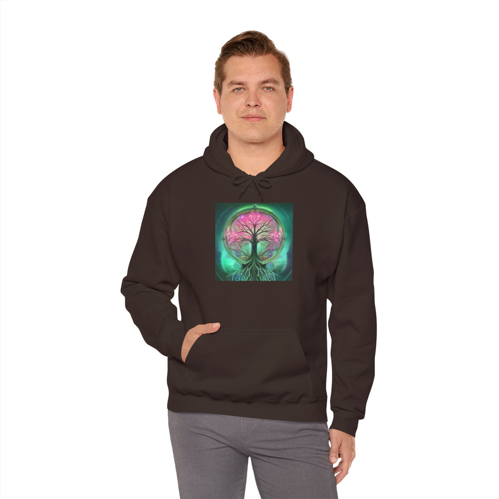 Tree of Life Hoodie — Vibrant Pink & Teal Spiritual Graphic Hooded Sweatshirt