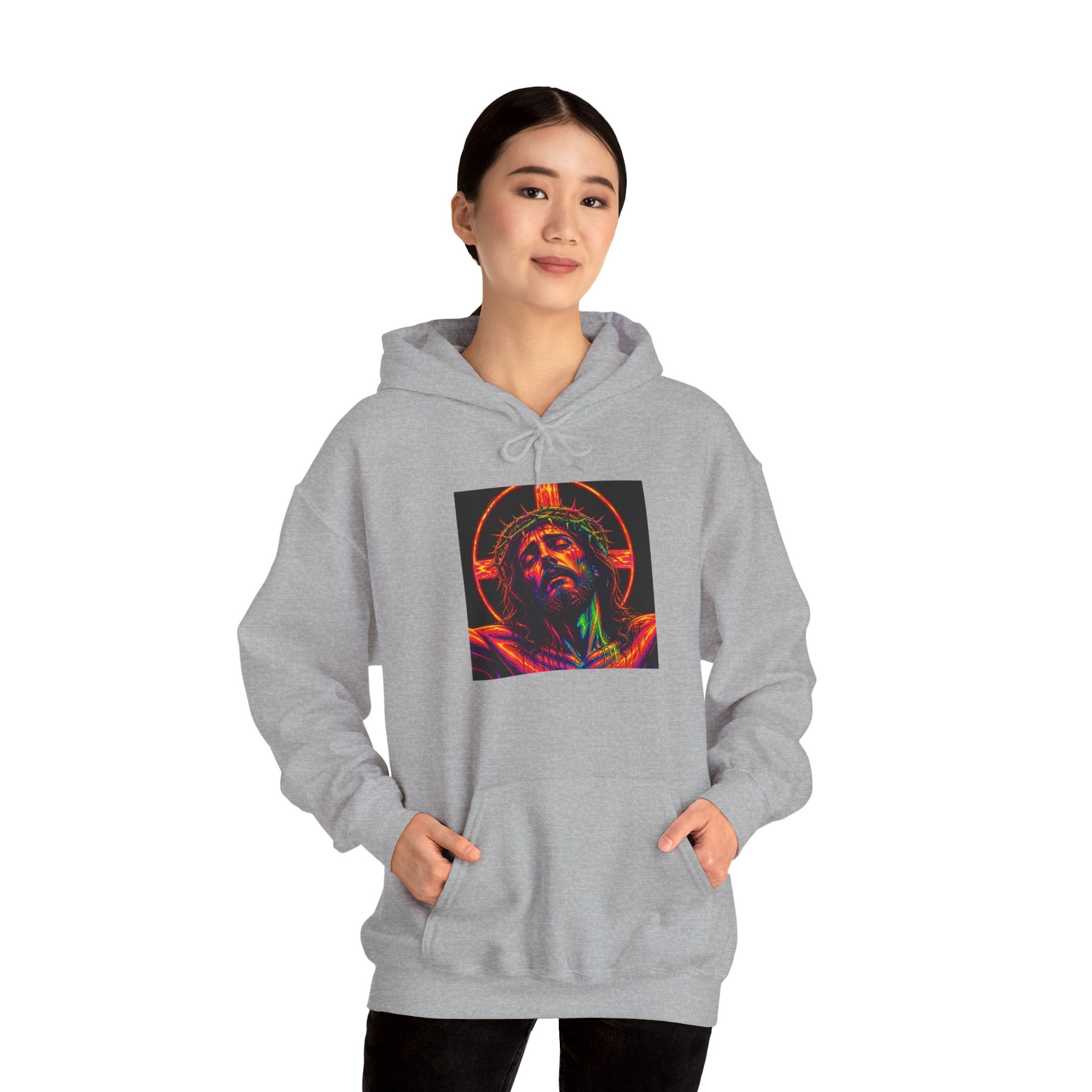 Jesus Portrait Hoodie — Neon Sacred Heart Graphic Hooded Sweatshirt