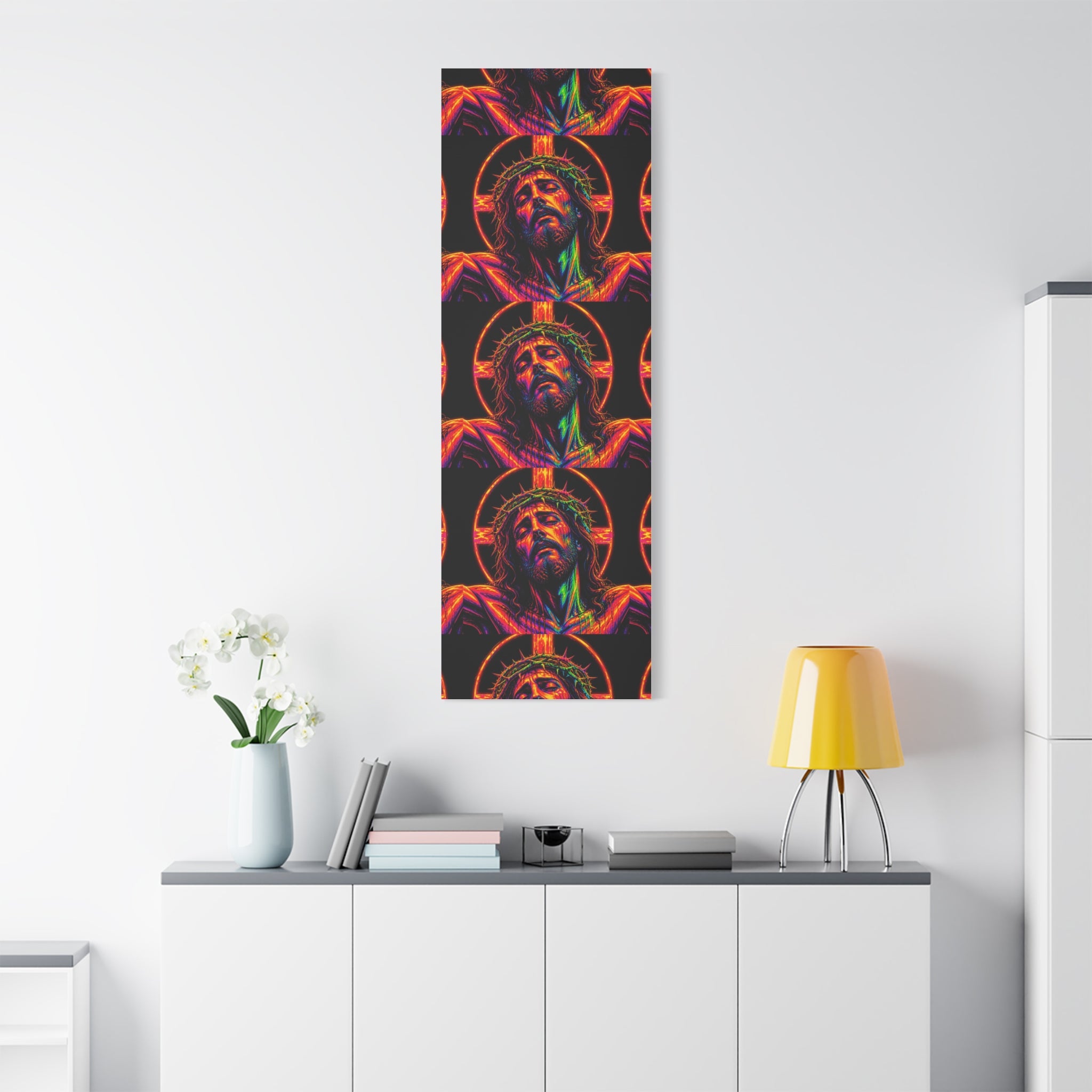 Neon Christ Crucifix Canvas Print — Vibrant Religious Wall Art