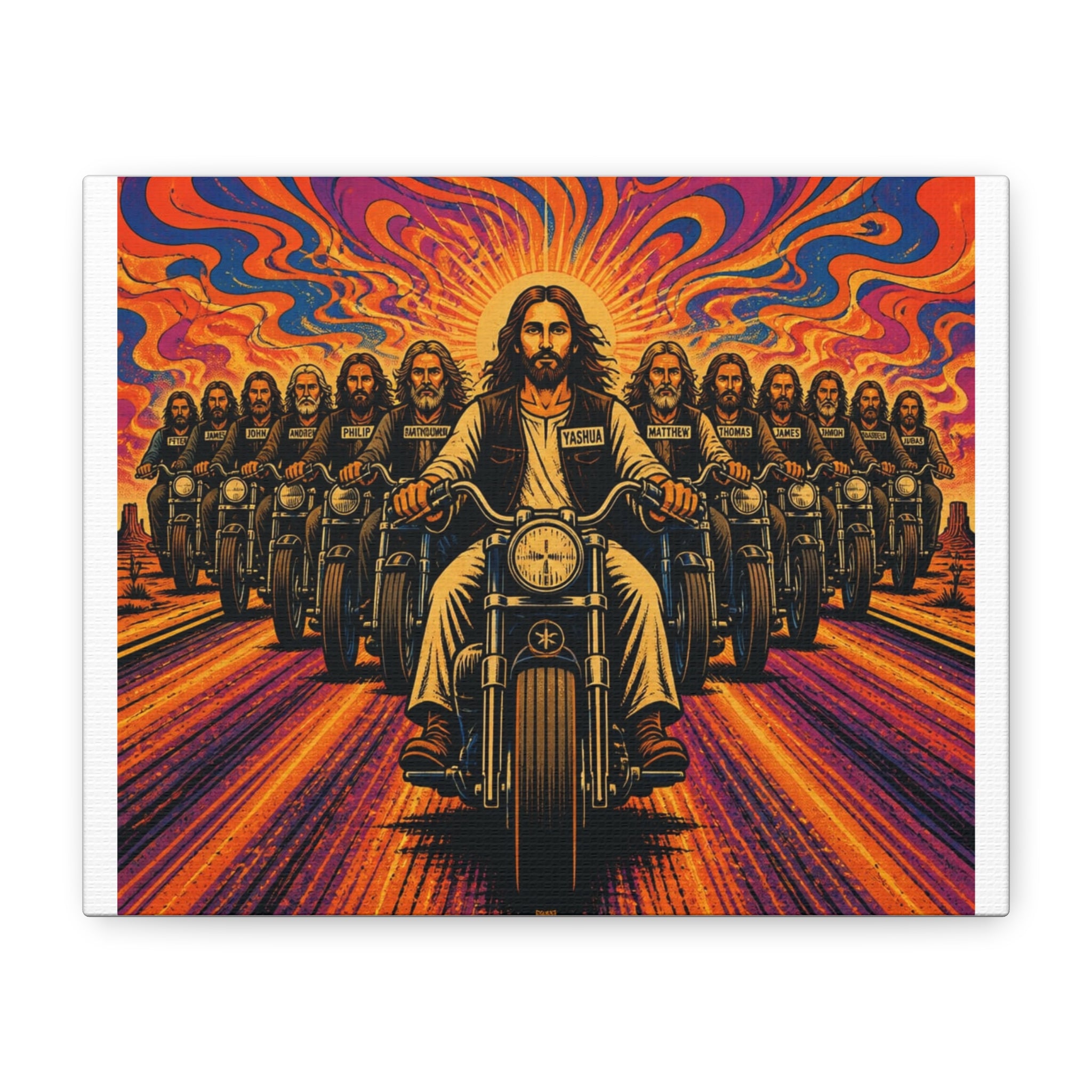 Motorcycle Jesus Canvas Print — Psychedelic Biker Wall Art