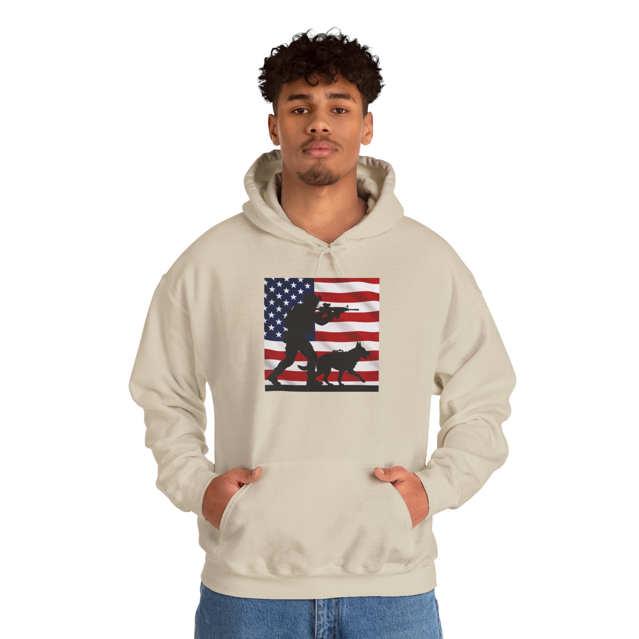 American K9 Handler Hoodie — US Flag Dog Silhouette Patriotic Sweatshirt