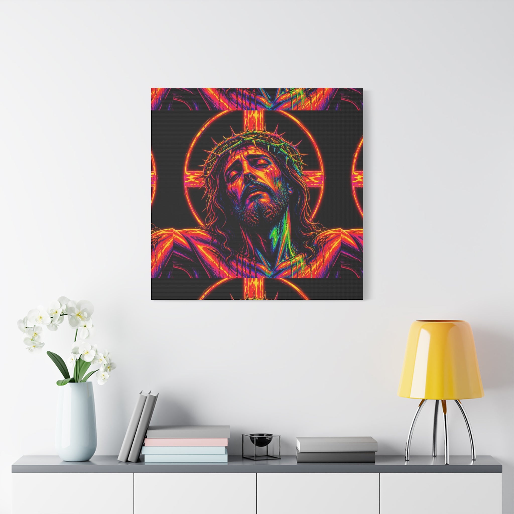 Neon Christ Crucifix Canvas Print — Vibrant Religious Wall Art