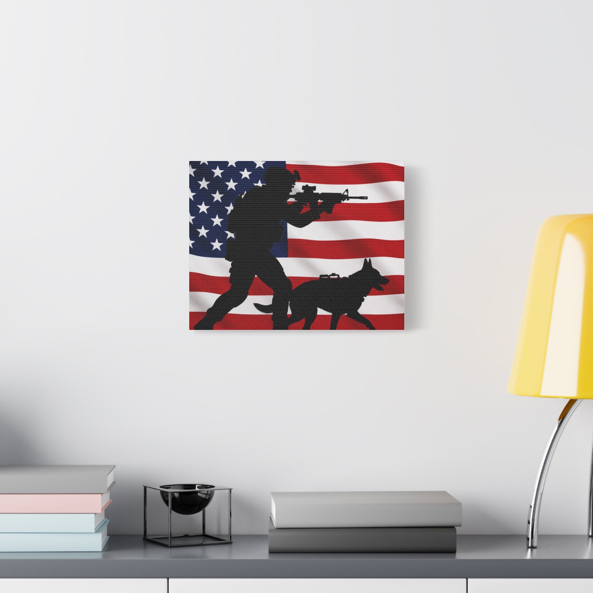 Patriotic Military K9 Canvas Wall Art — Soldier and Dog Silhouette with American Flag