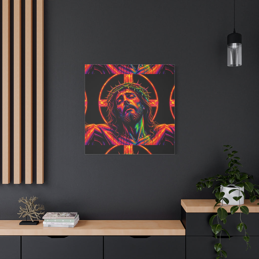 Neon Christ Crucifix Canvas Print — Vibrant Religious Wall Art