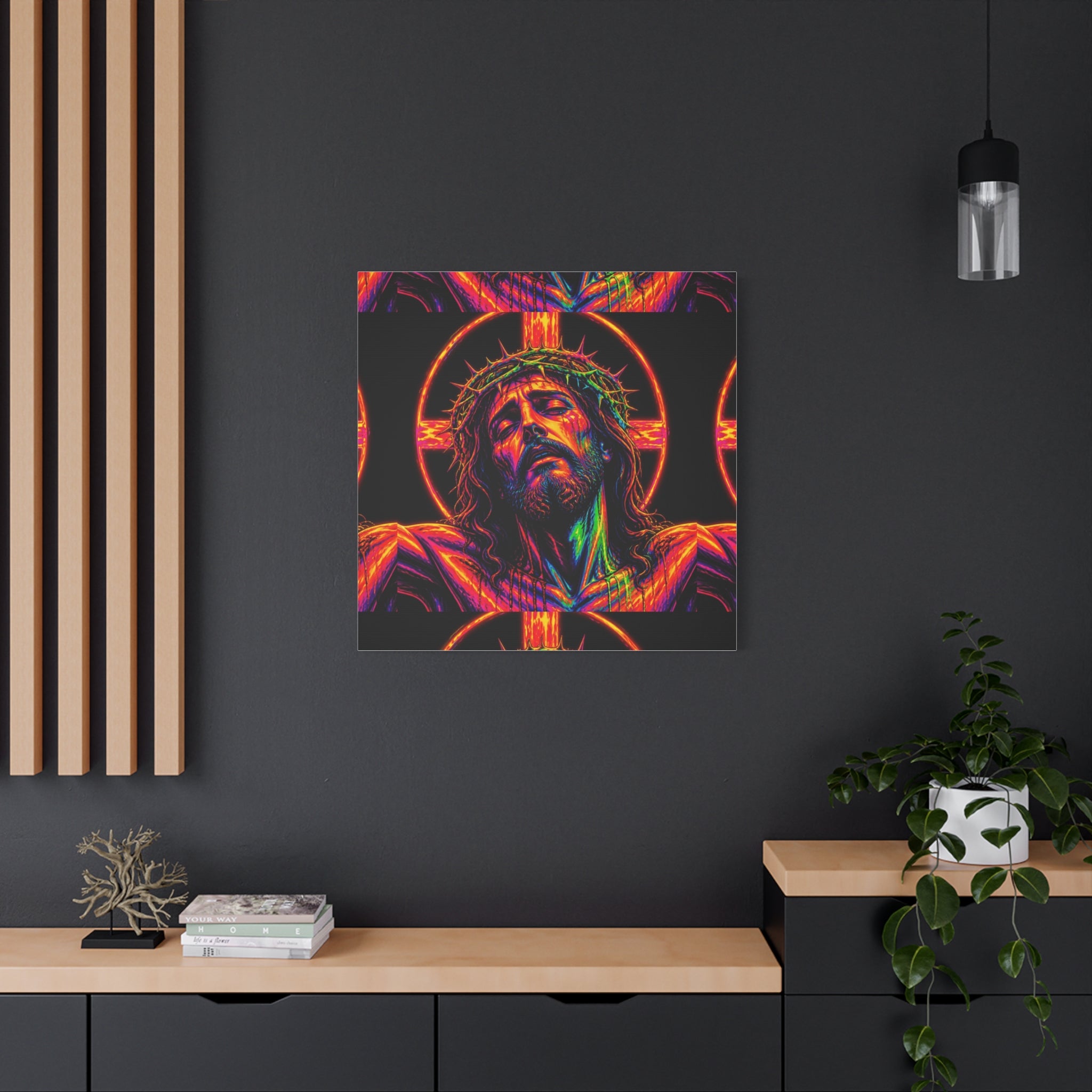 Neon Christ Crucifix Canvas Print — Vibrant Religious Wall Art