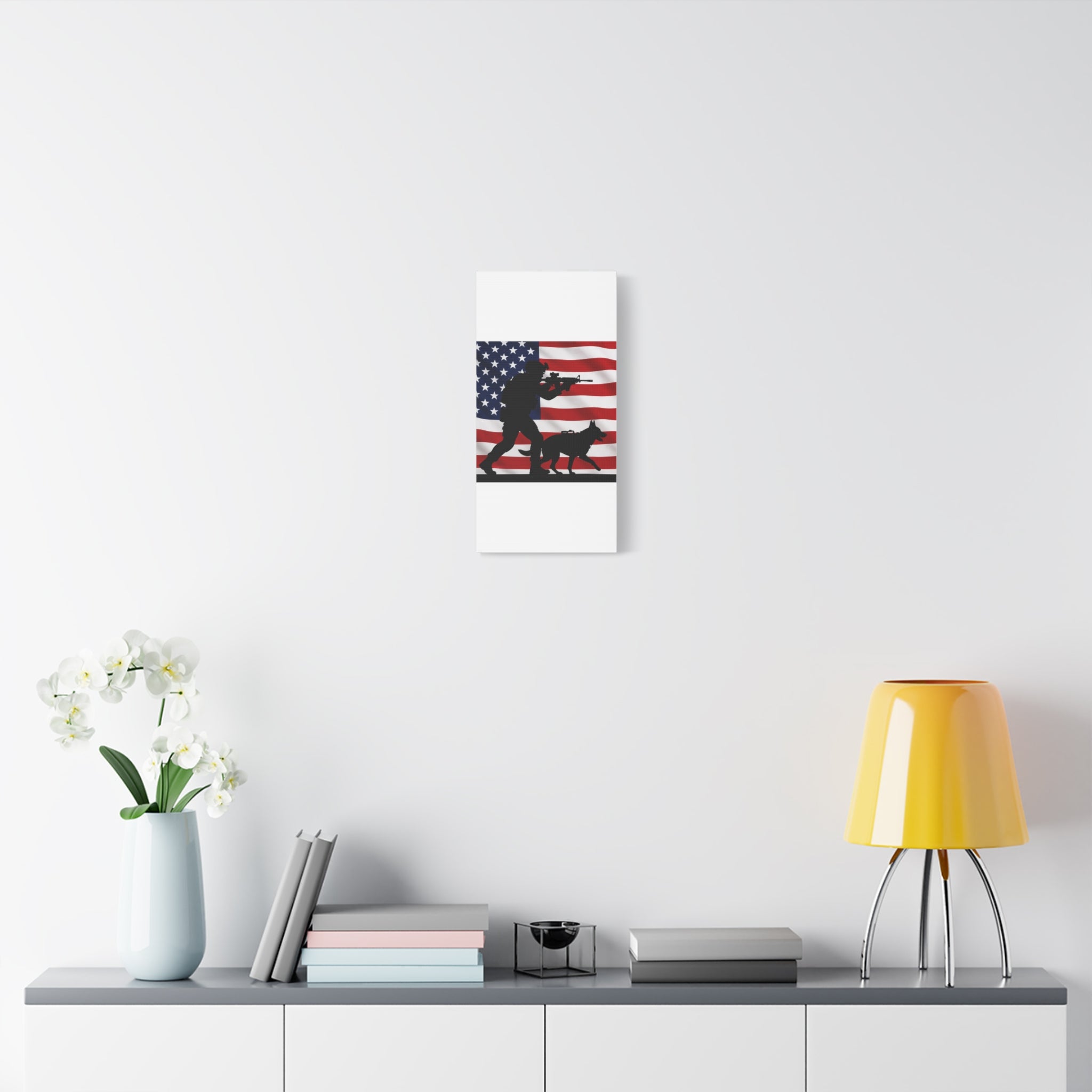 Patriotic Military K9 Canvas Wall Art — Soldier and Dog Silhouette with American Flag