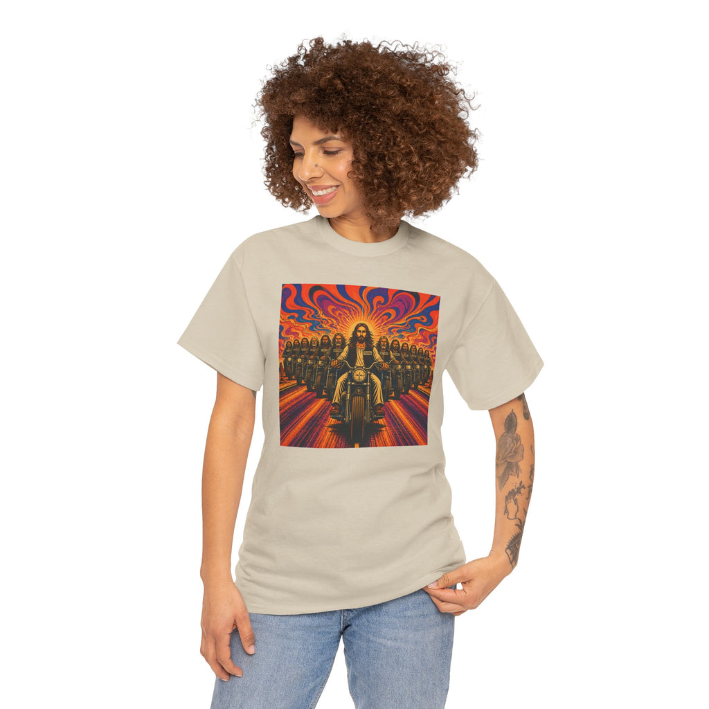Psychedelic Yashua/Jesus Biker Crew T-Shirt — Retro Jesus Motorcycle Rider Graphic Tee