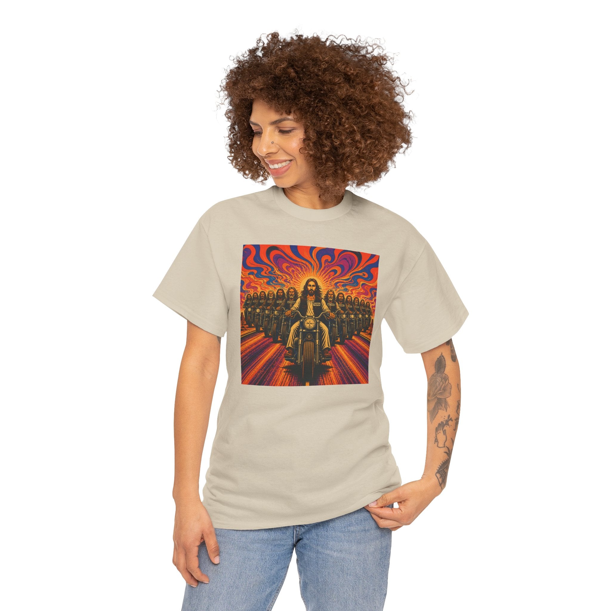 Psychedelic Yashua/Jesus Biker Crew T-Shirt — Retro Jesus Motorcycle Rider Graphic Tee
