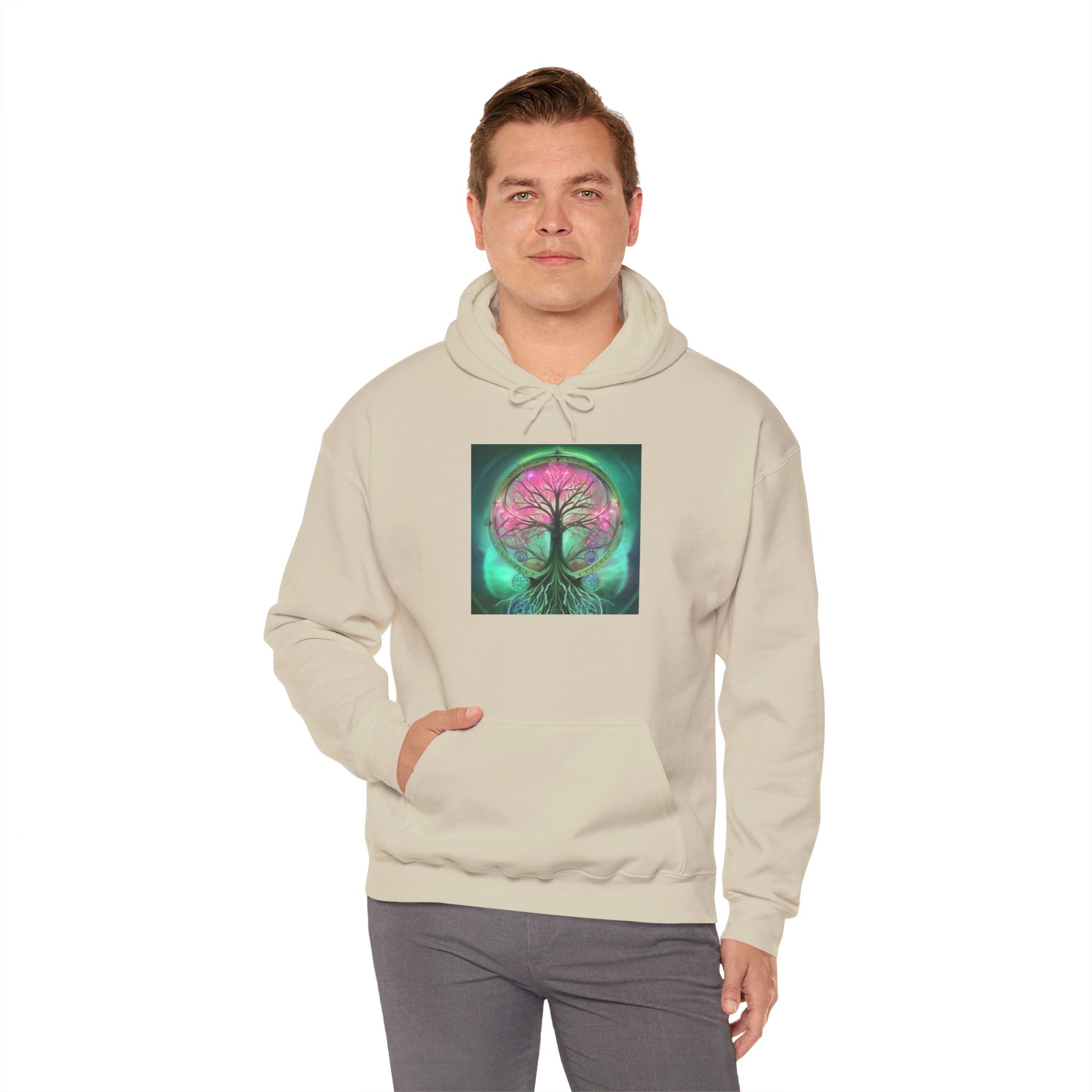 Tree of Life Hoodie — Vibrant Pink & Teal Spiritual Graphic Hooded Sweatshirt