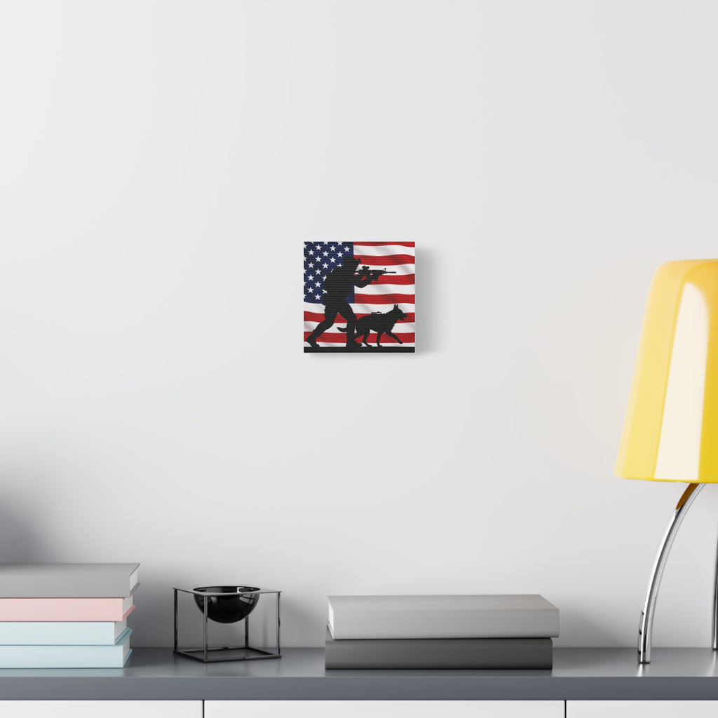 Patriotic Military K9 Canvas Wall Art — Soldier and Dog Silhouette with American Flag