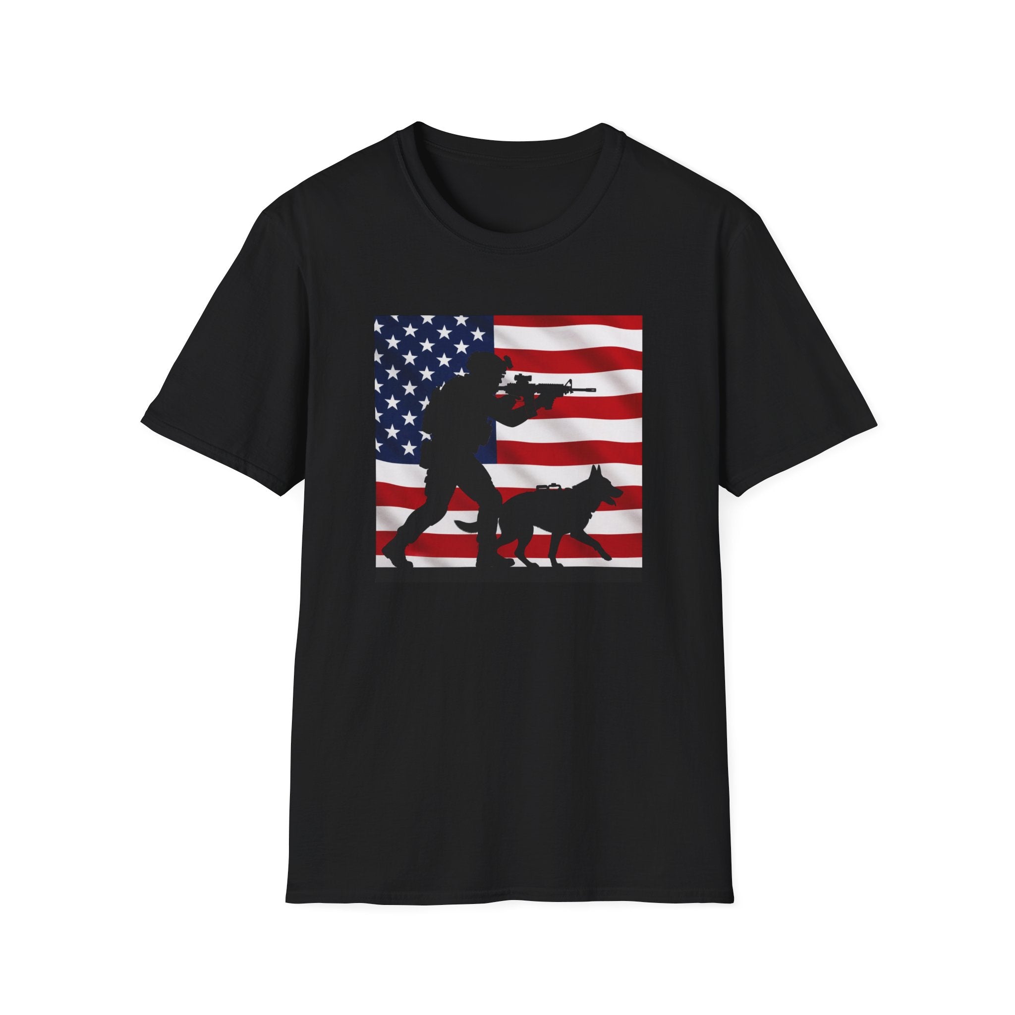 Patriotic K9 Handler T-Shirt — American Flag Soldier with Dog Graphic