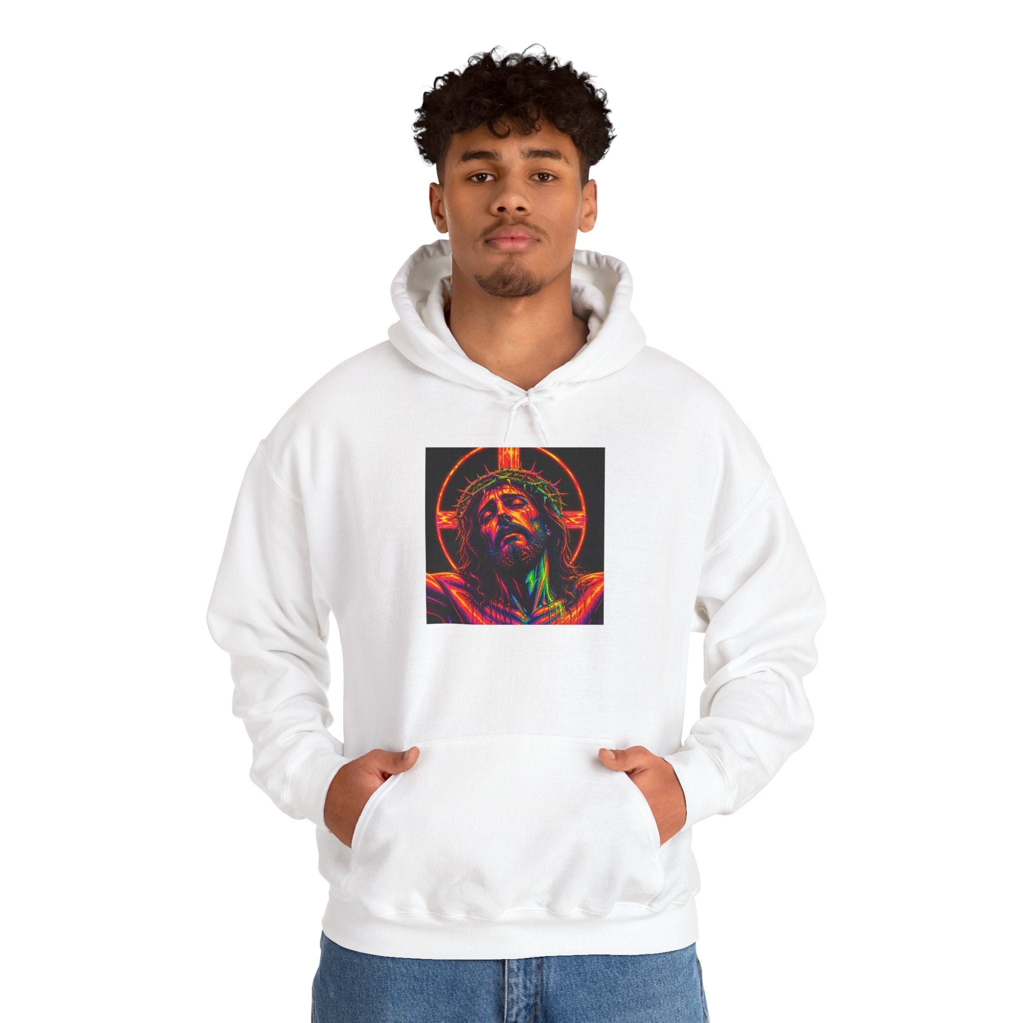 Jesus Portrait Hoodie — Neon Sacred Heart Graphic Hooded Sweatshirt