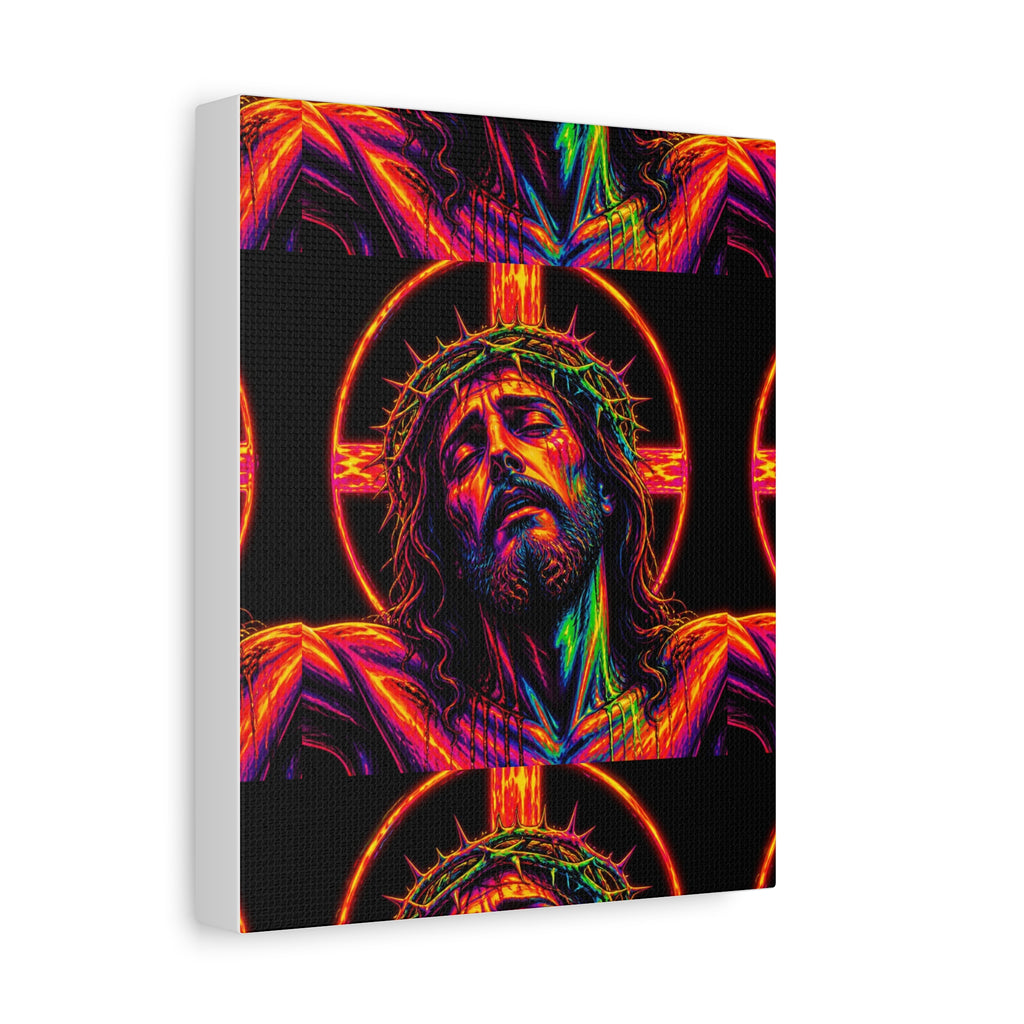 Neon Christ Crucifix Canvas Print — Vibrant Religious Wall Art