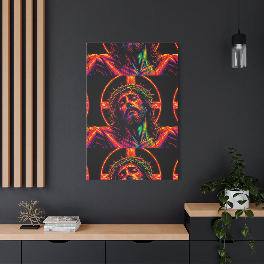 Neon Christ Crucifix Canvas Print — Vibrant Religious Wall Art