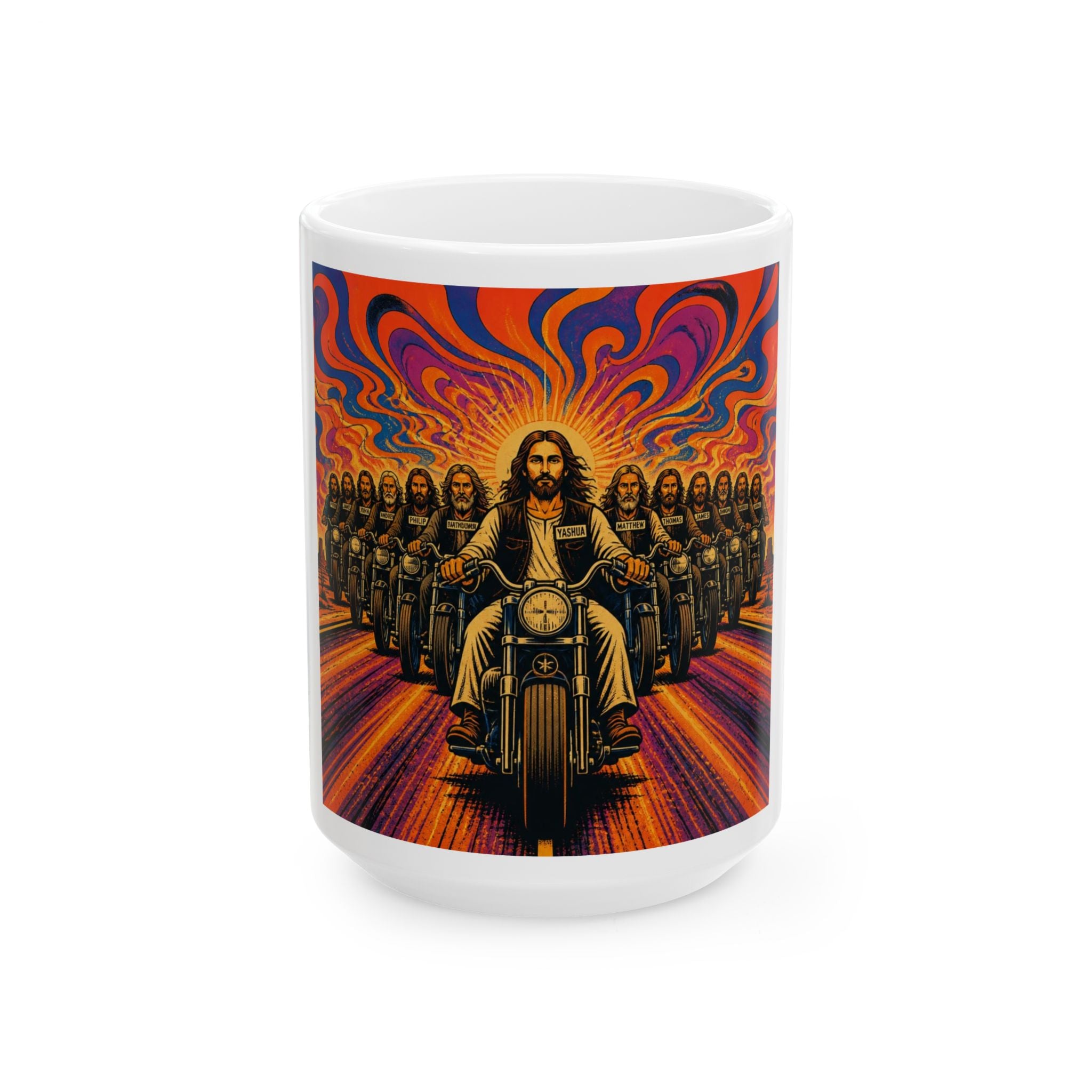 Jesus on a Motorcycle Mug — Retro Psychedelic Biker Coffee Cup (11oz/15oz)