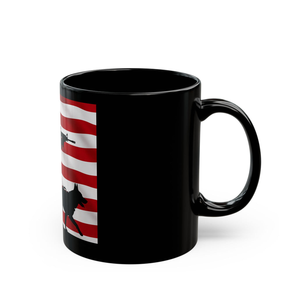 American Military K9 Mug — Soldier & Service Dog Silhouette with US Flag (11oz/15oz)