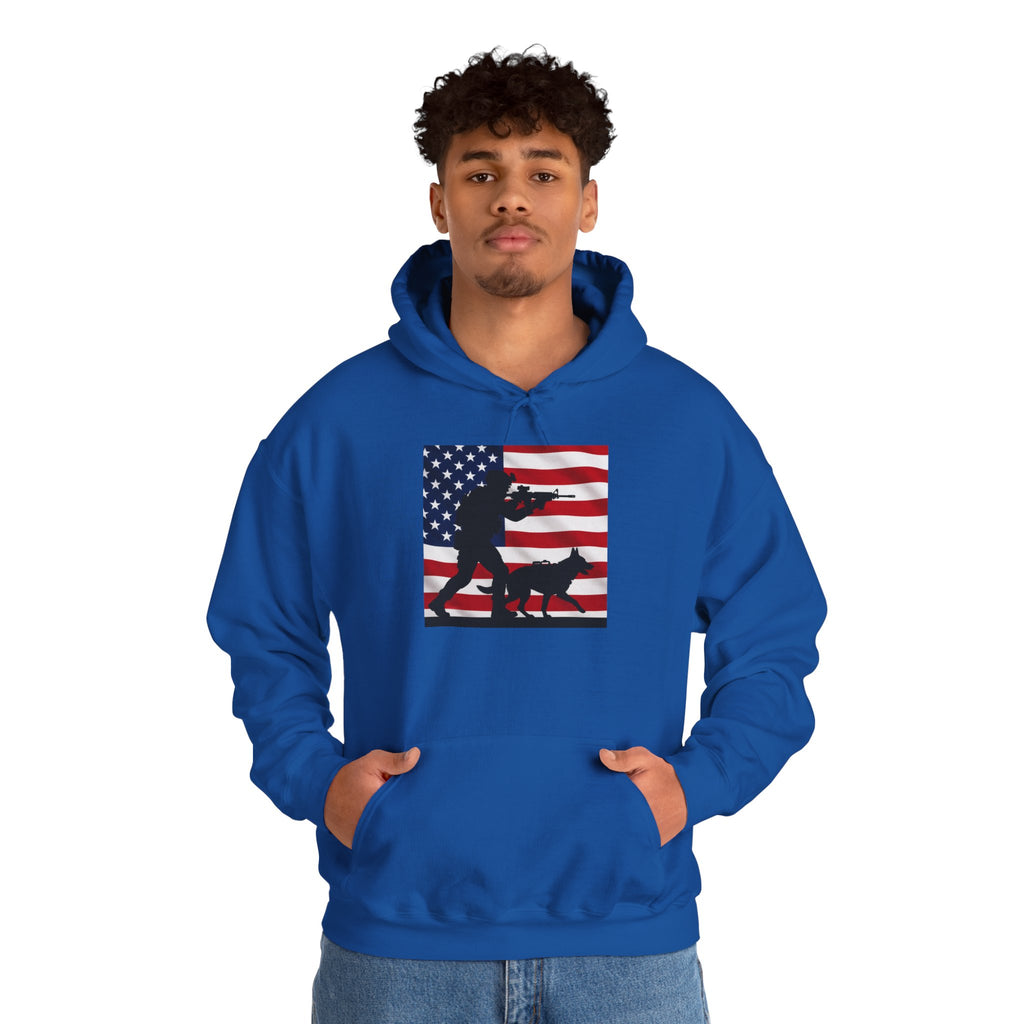 American K9 Handler Hoodie — US Flag Dog Silhouette Patriotic Sweatshirt