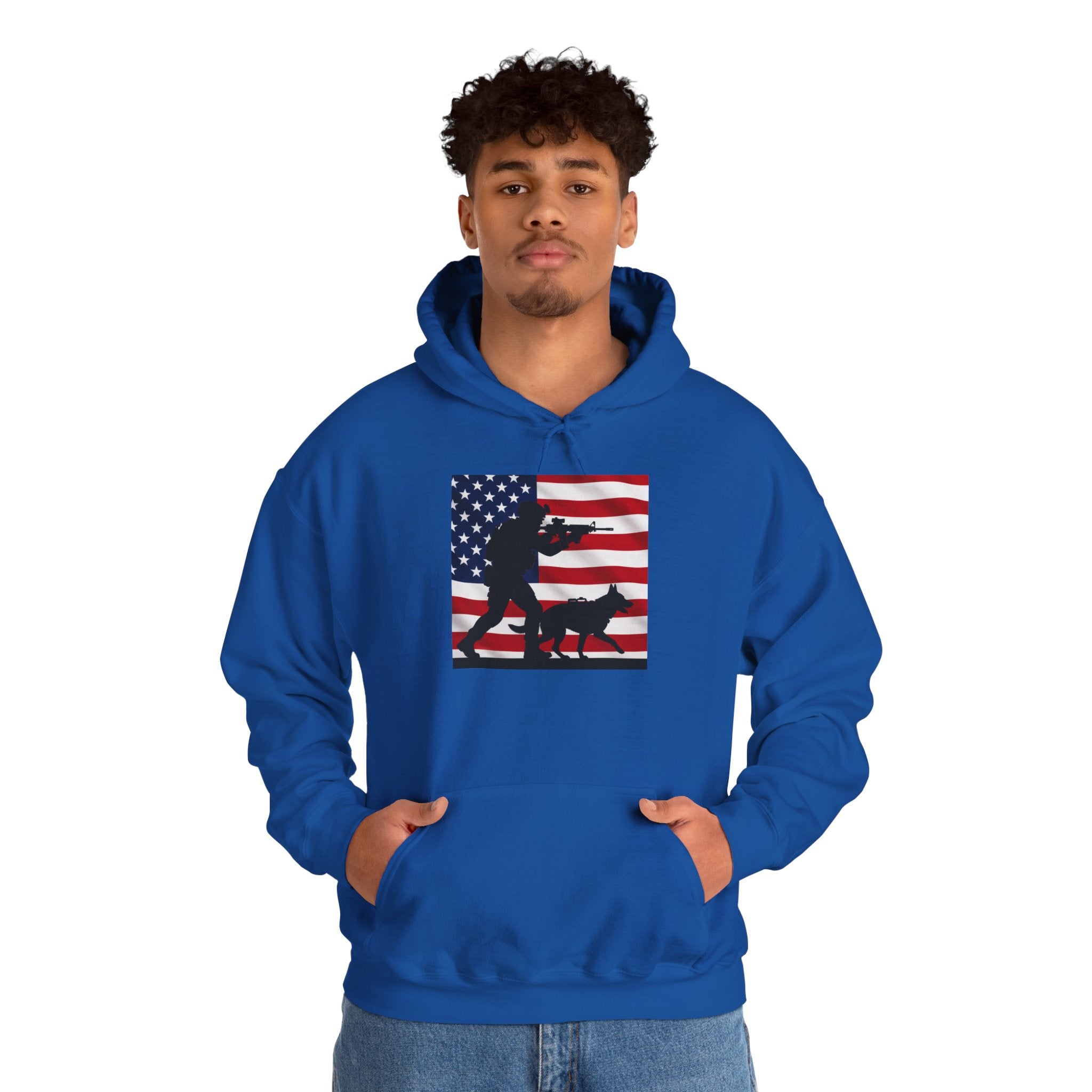 American K9 Handler Hoodie — US Flag Dog Silhouette Patriotic Sweatshirt