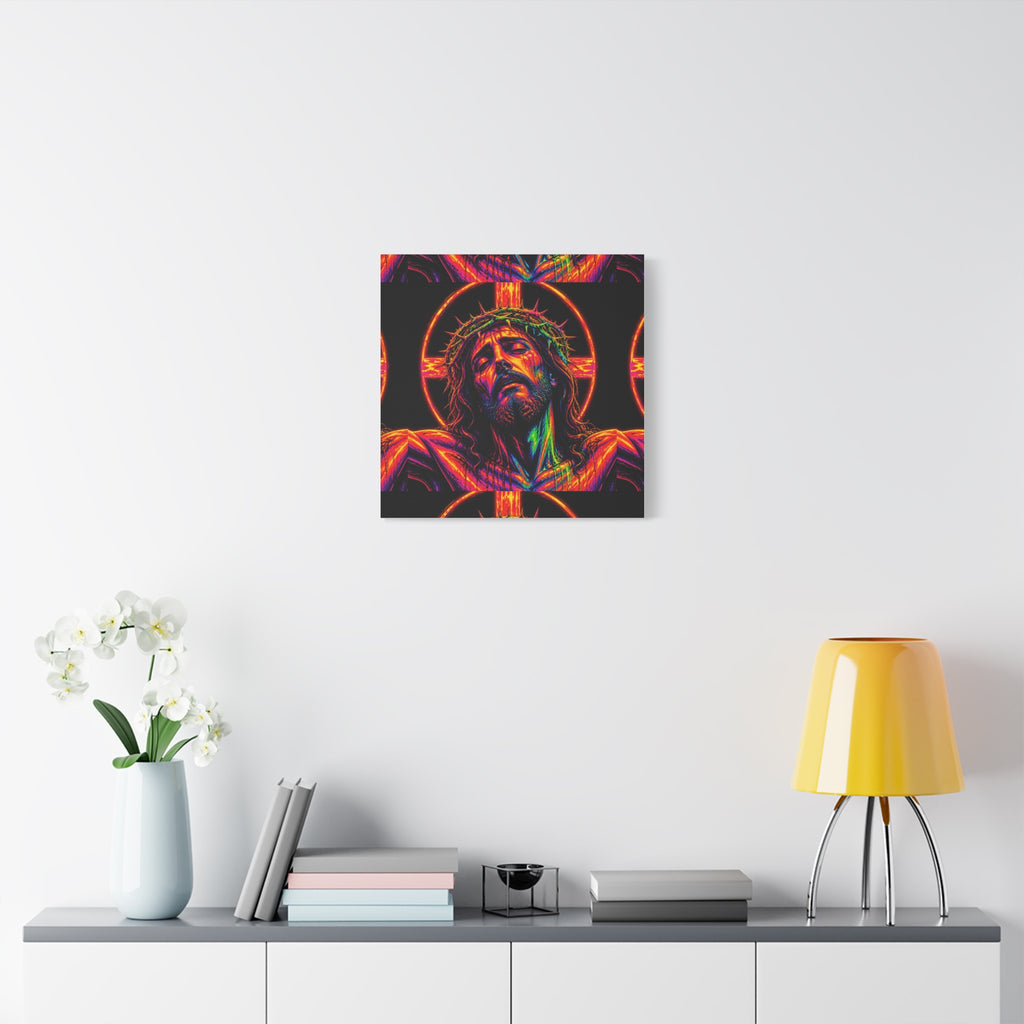 Neon Christ Crucifix Canvas Print — Vibrant Religious Wall Art