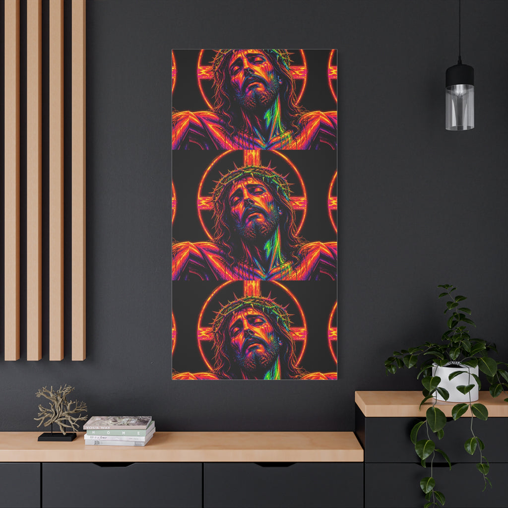 Neon Christ Crucifix Canvas Print — Vibrant Religious Wall Art