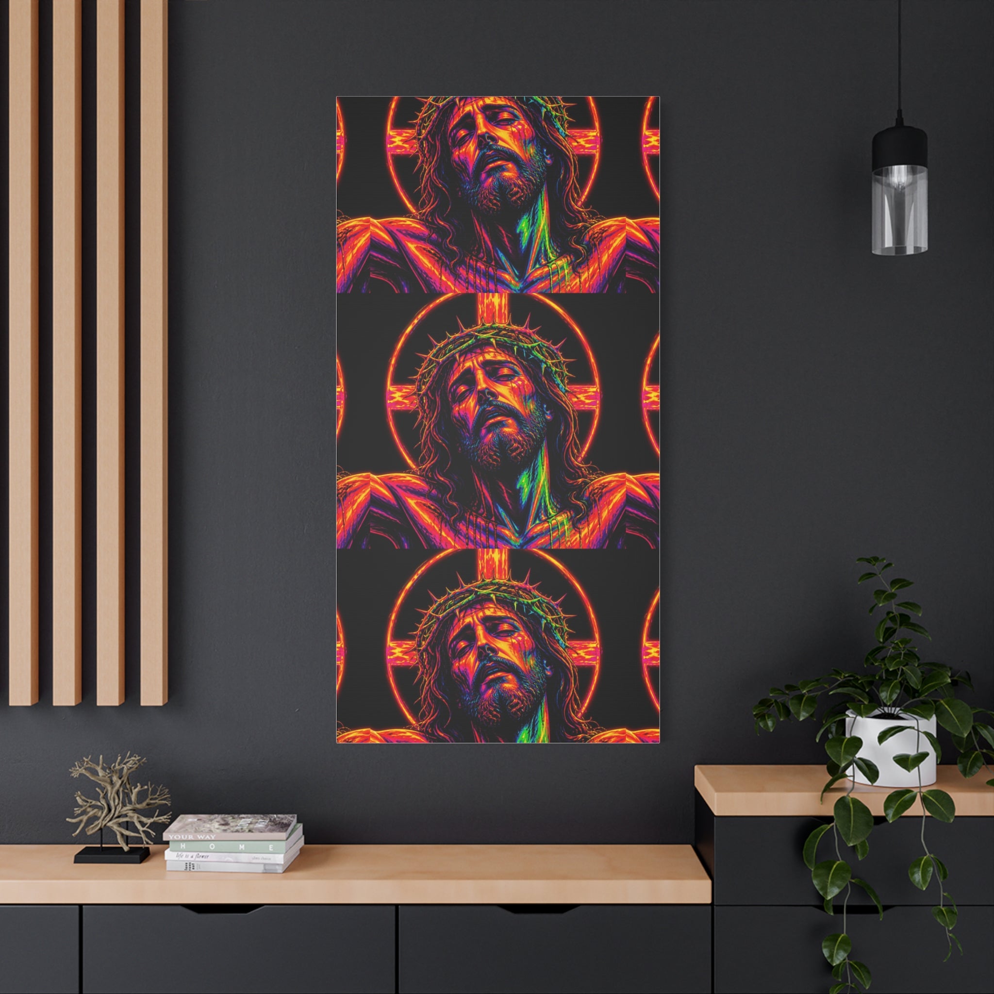 Neon Christ Crucifix Canvas Print — Vibrant Religious Wall Art