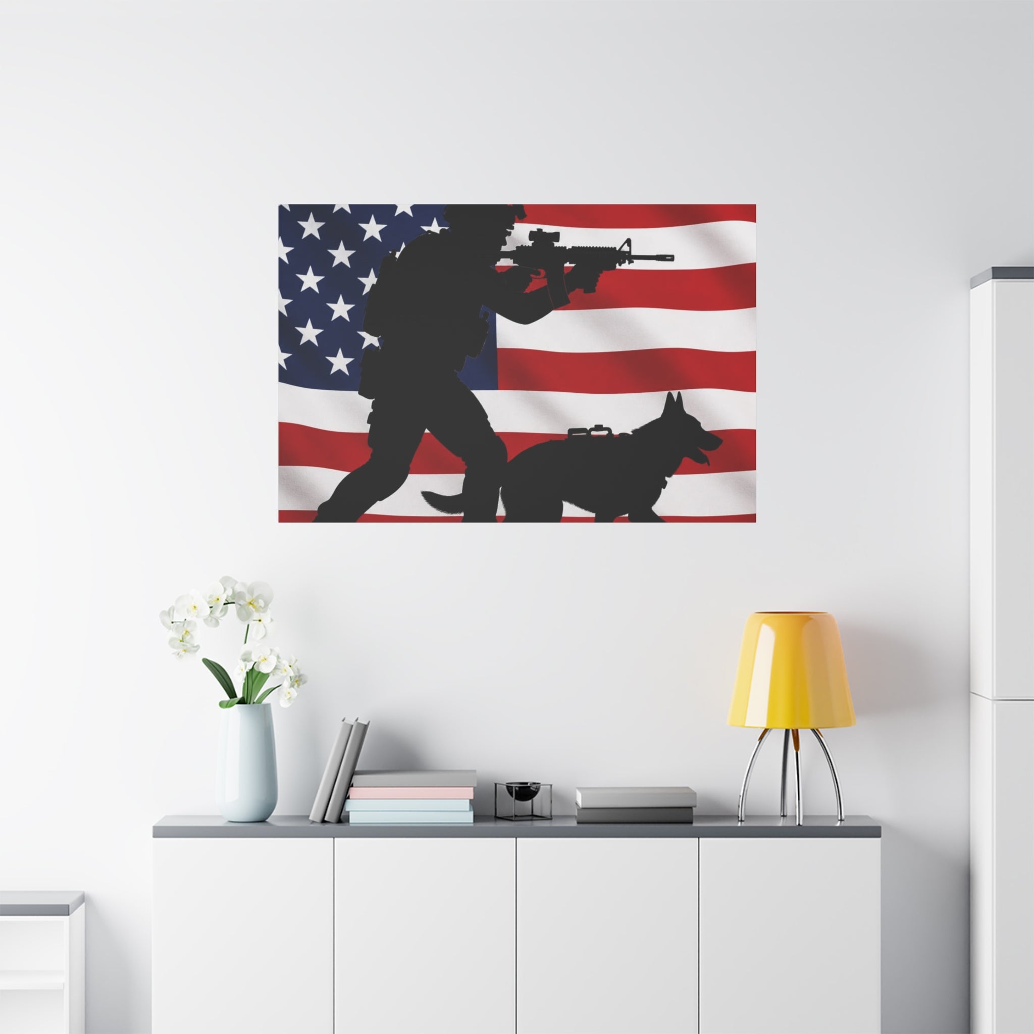 Patriotic Military K9 Canvas Wall Art — Soldier and Dog Silhouette with American Flag