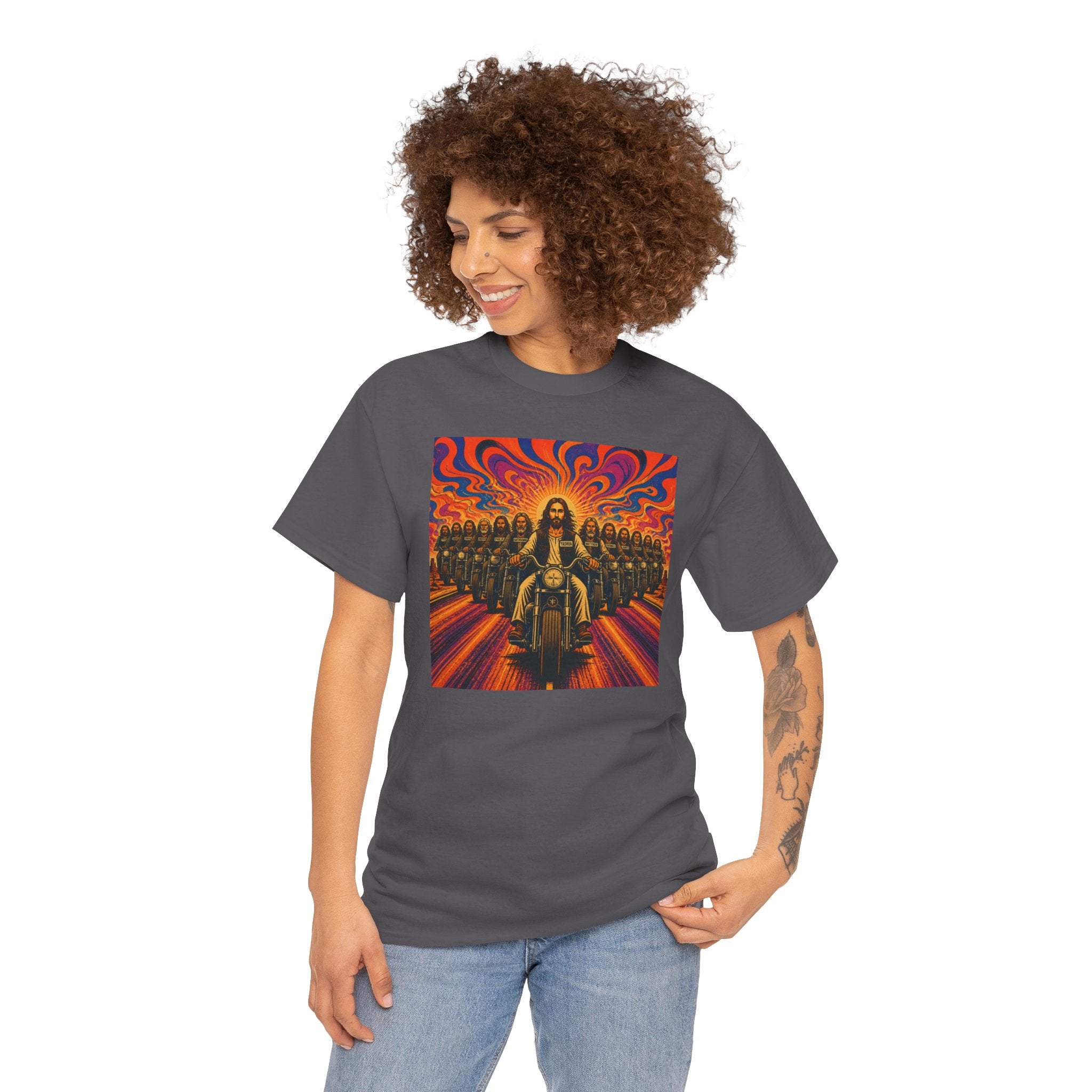 Psychedelic Yashua/Jesus Biker Crew T-Shirt — Retro Jesus Motorcycle Rider Graphic Tee