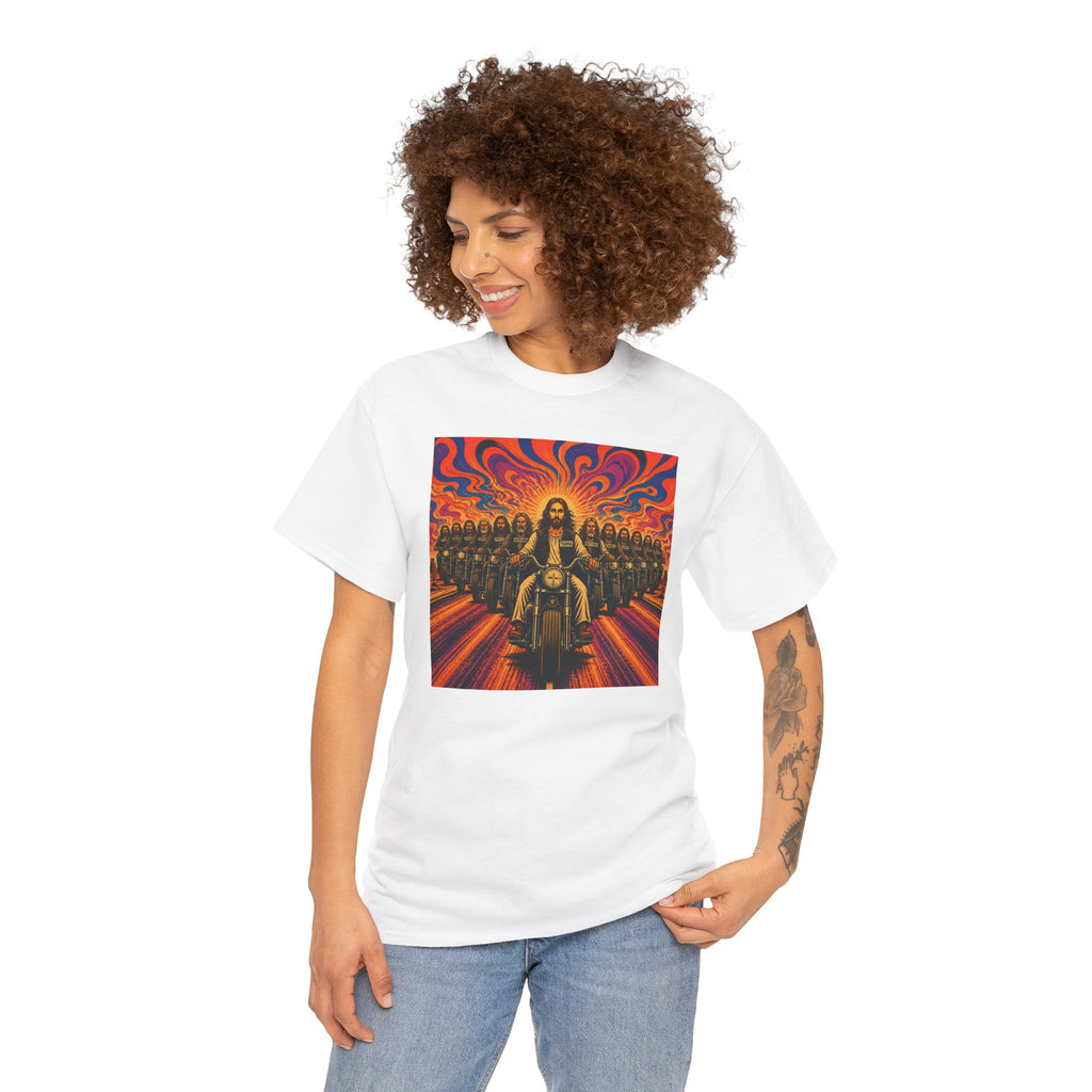 Psychedelic Yashua/Jesus Biker Crew T-Shirt — Retro Jesus Motorcycle Rider Graphic Tee