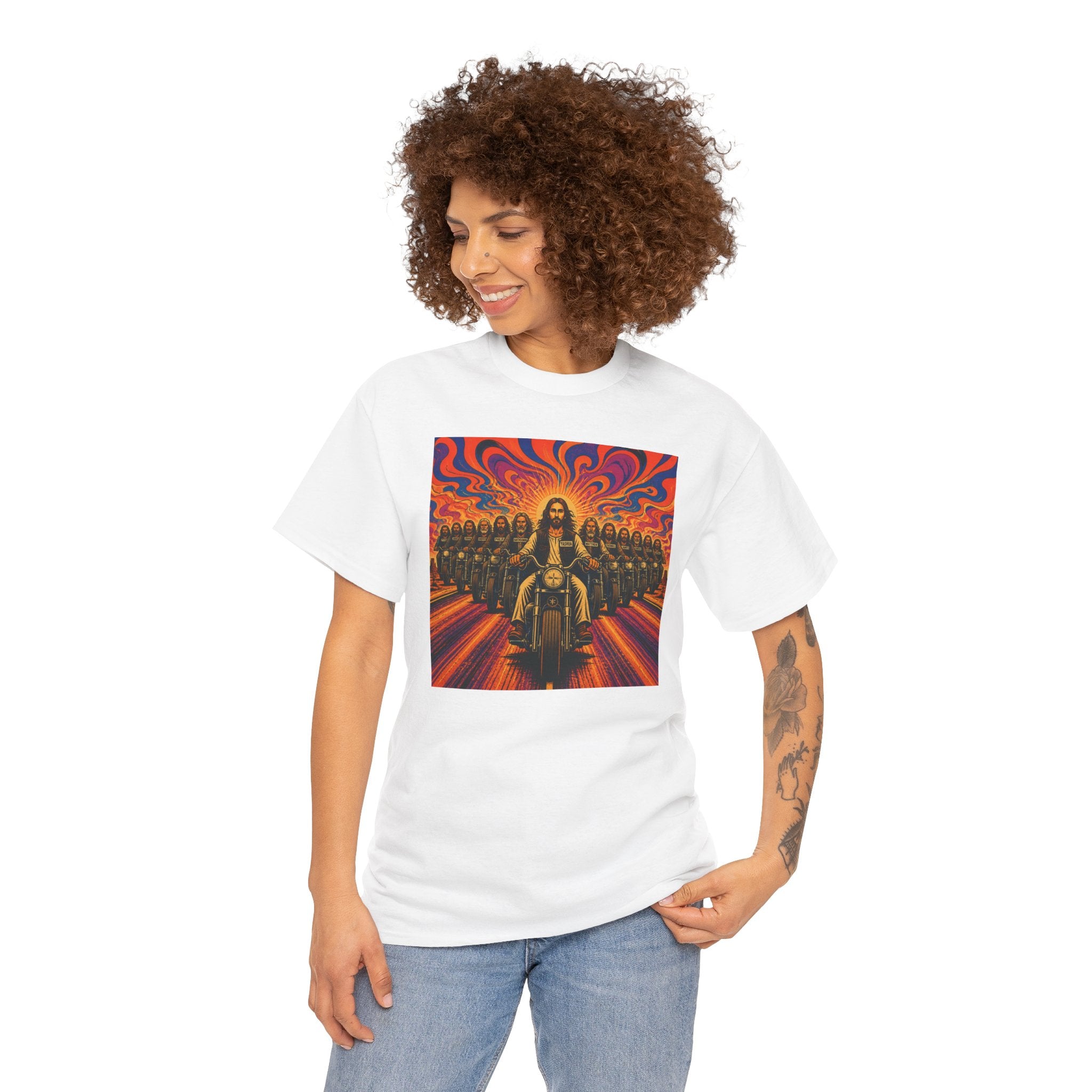 Psychedelic Yashua/Jesus Biker Crew T-Shirt — Retro Jesus Motorcycle Rider Graphic Tee