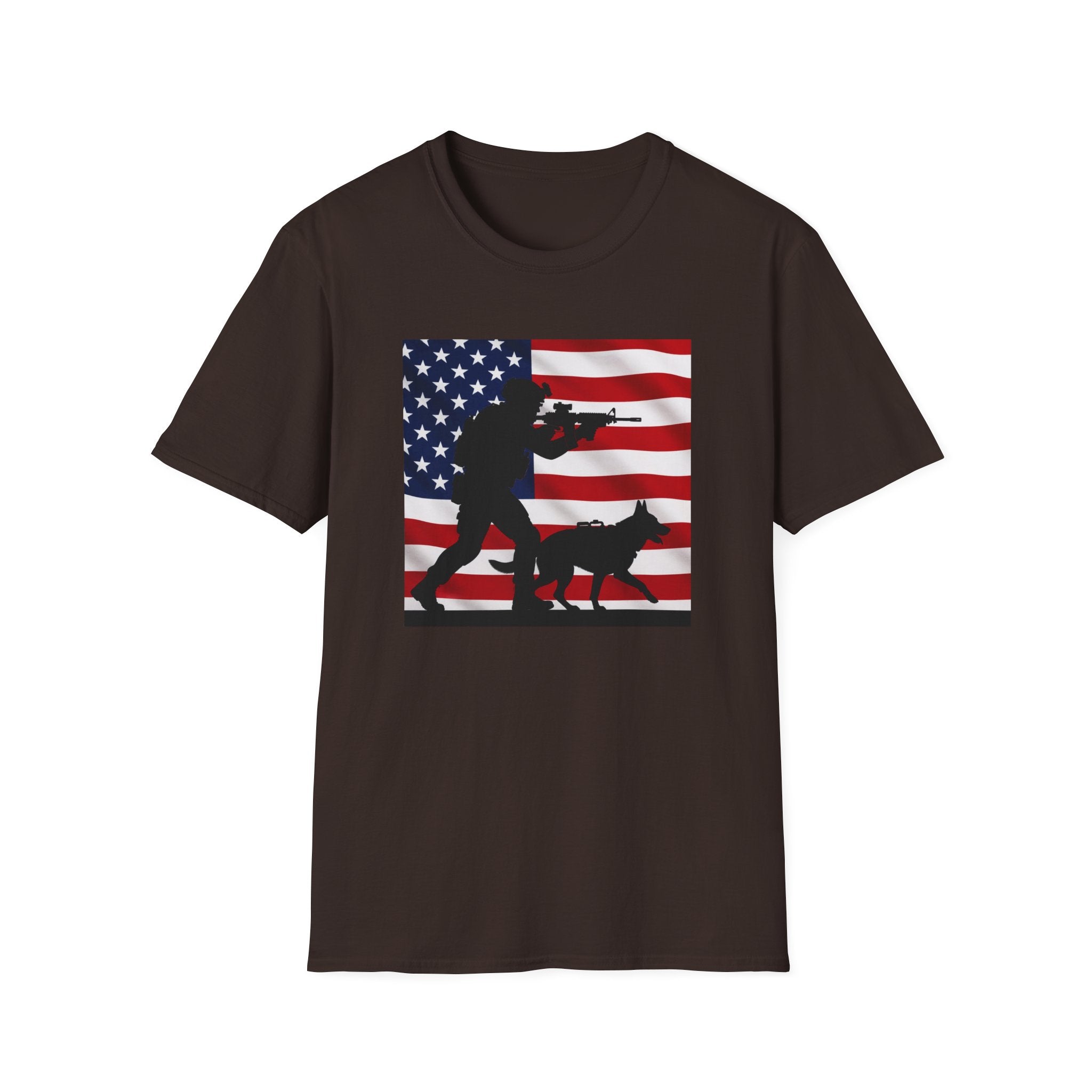 Patriotic K9 Handler T-Shirt — American Flag Soldier with Dog Graphic