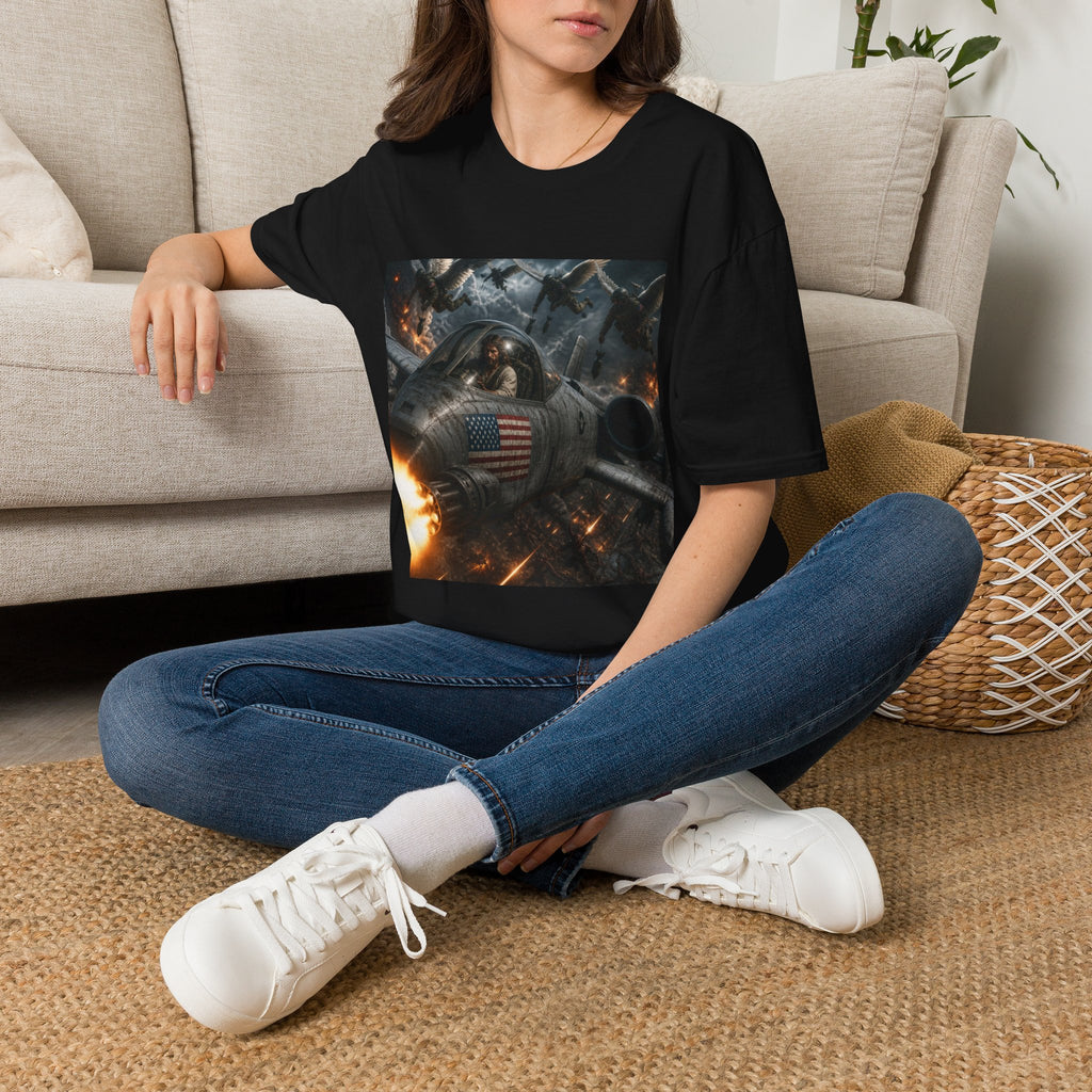 Jesus Military Pilot T‑Shirt — Vintage Jetfighter Scene with American Flag