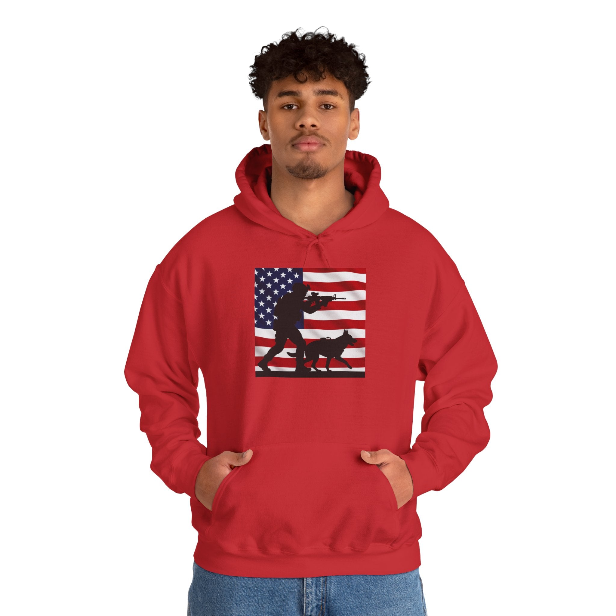 American K9 Handler Hoodie — US Flag Dog Silhouette Patriotic Sweatshirt