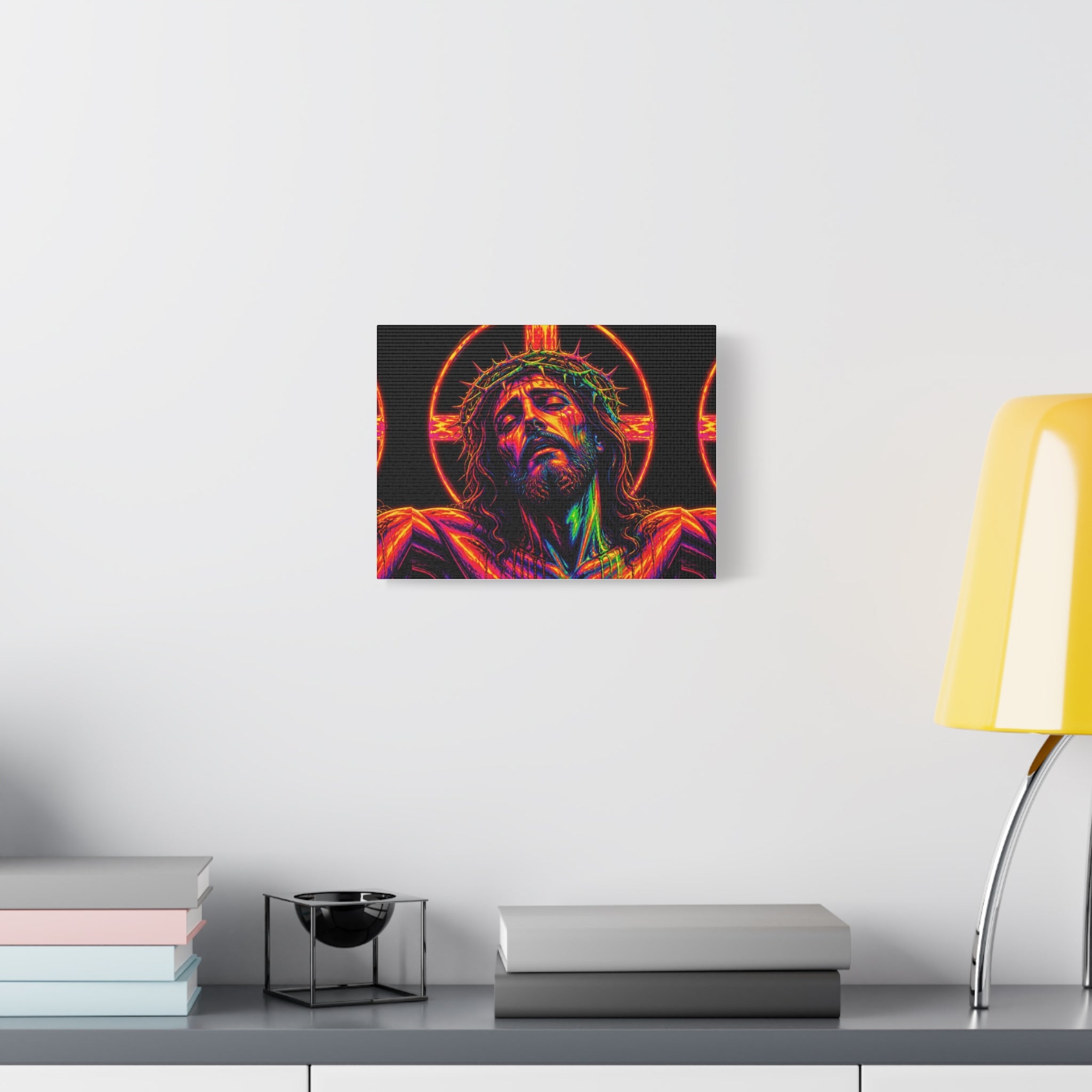 Neon Christ Crucifix Canvas Print — Vibrant Religious Wall Art