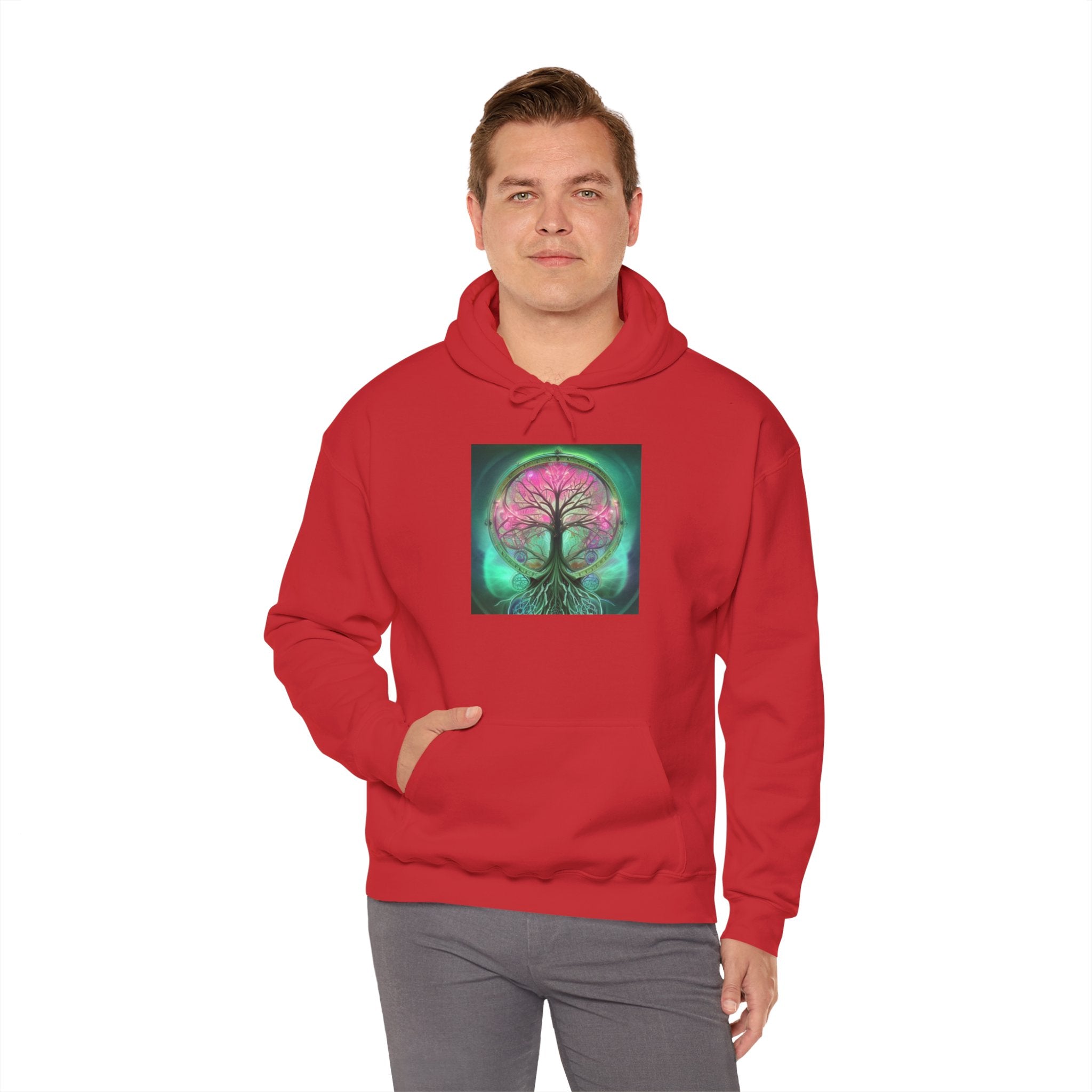 Tree of Life Hoodie — Vibrant Pink & Teal Spiritual Graphic Hooded Sweatshirt
