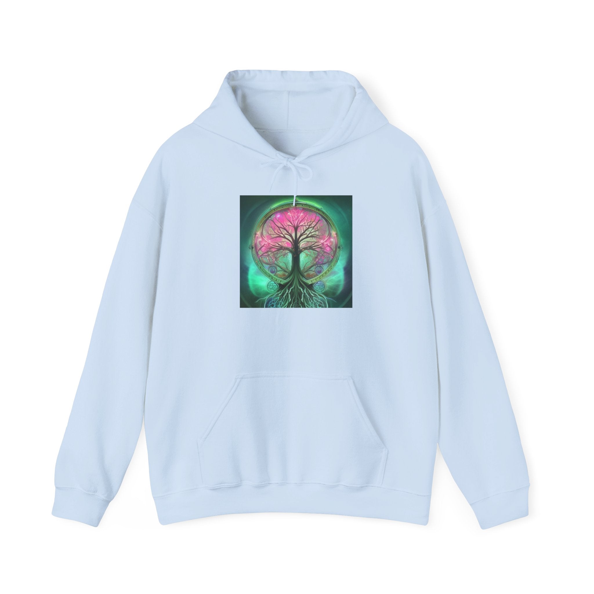 Tree of Life Hoodie — Vibrant Pink & Teal Spiritual Graphic Hooded Sweatshirt