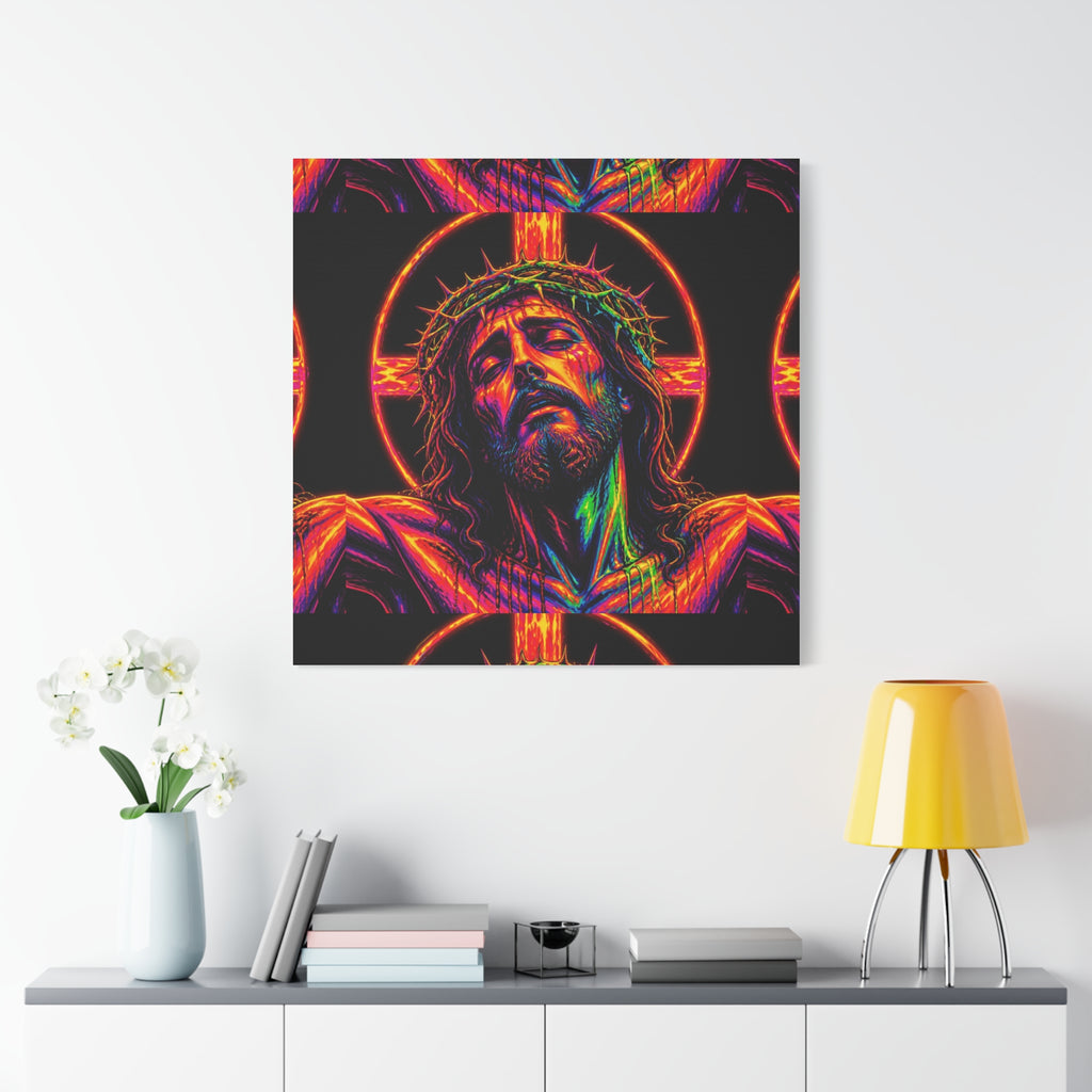 Neon Christ Crucifix Canvas Print — Vibrant Religious Wall Art